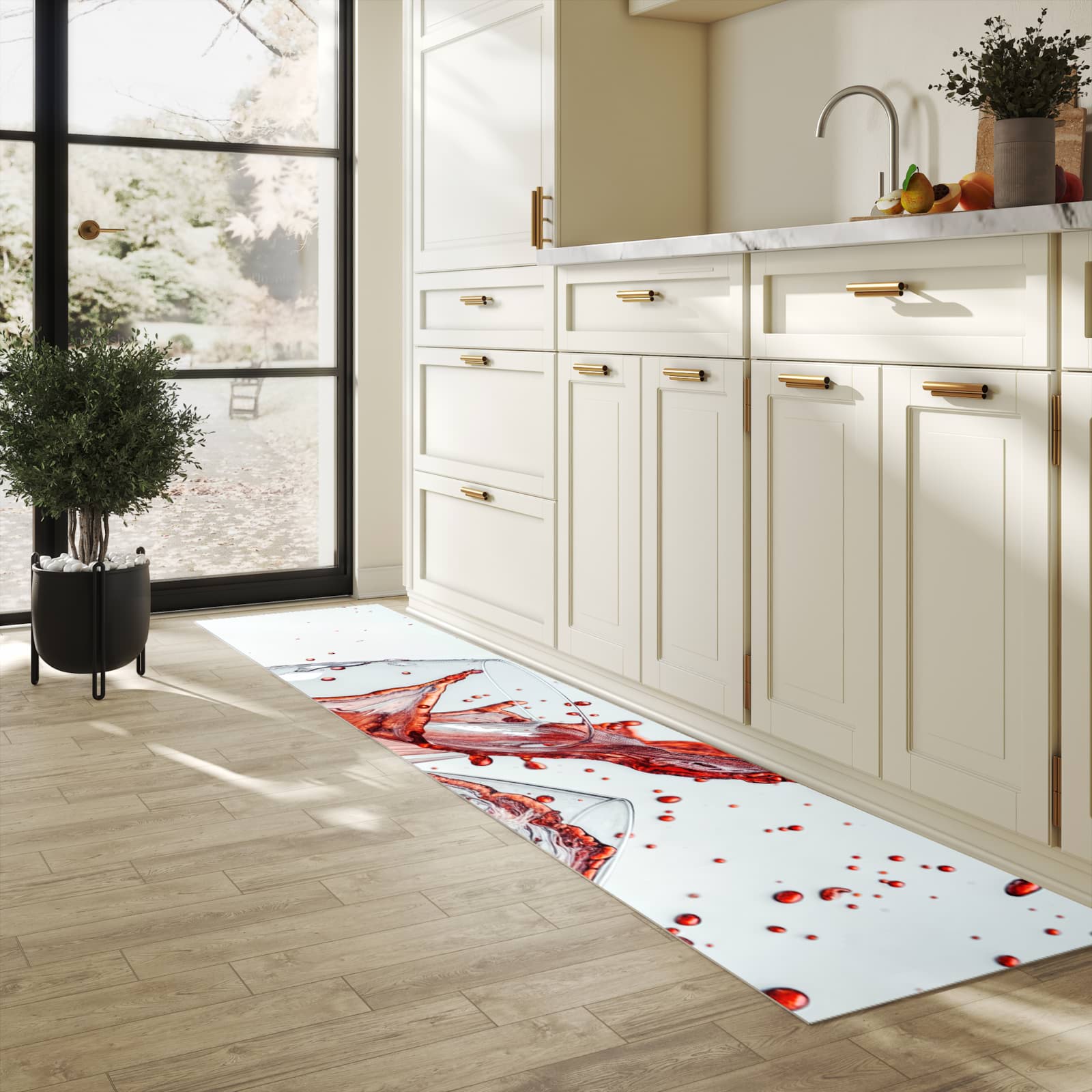 Rutschfester Küchenläufer mit Motiv Weinkelchplätschern in heller Küche