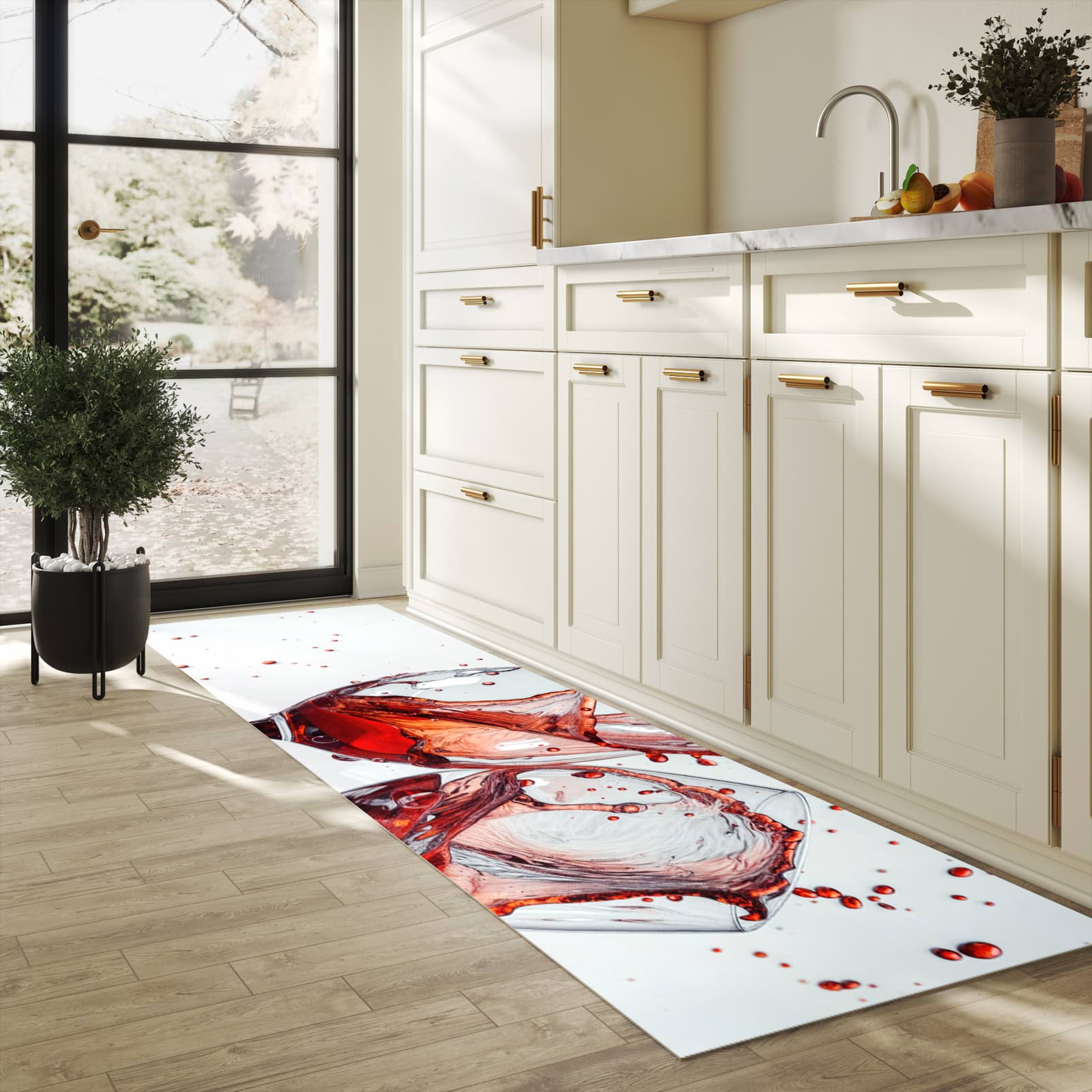 Abwaschbarer Küchenteppich mit Motiv Weinkelchplätschern in heller Küche