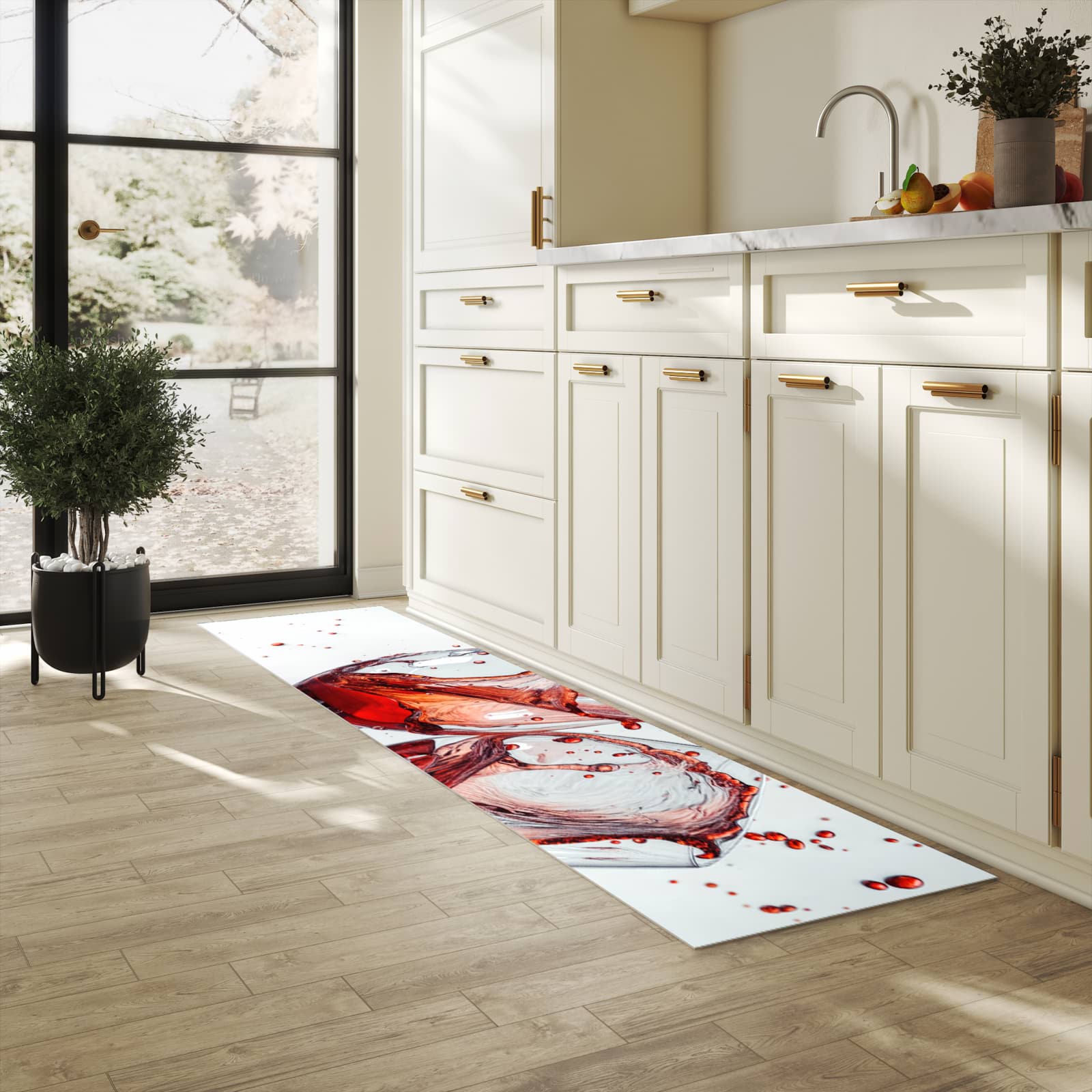 Komfortabler rutschfester Küchenläufer mit Motiv Weinkelchplätschern in heller Küche