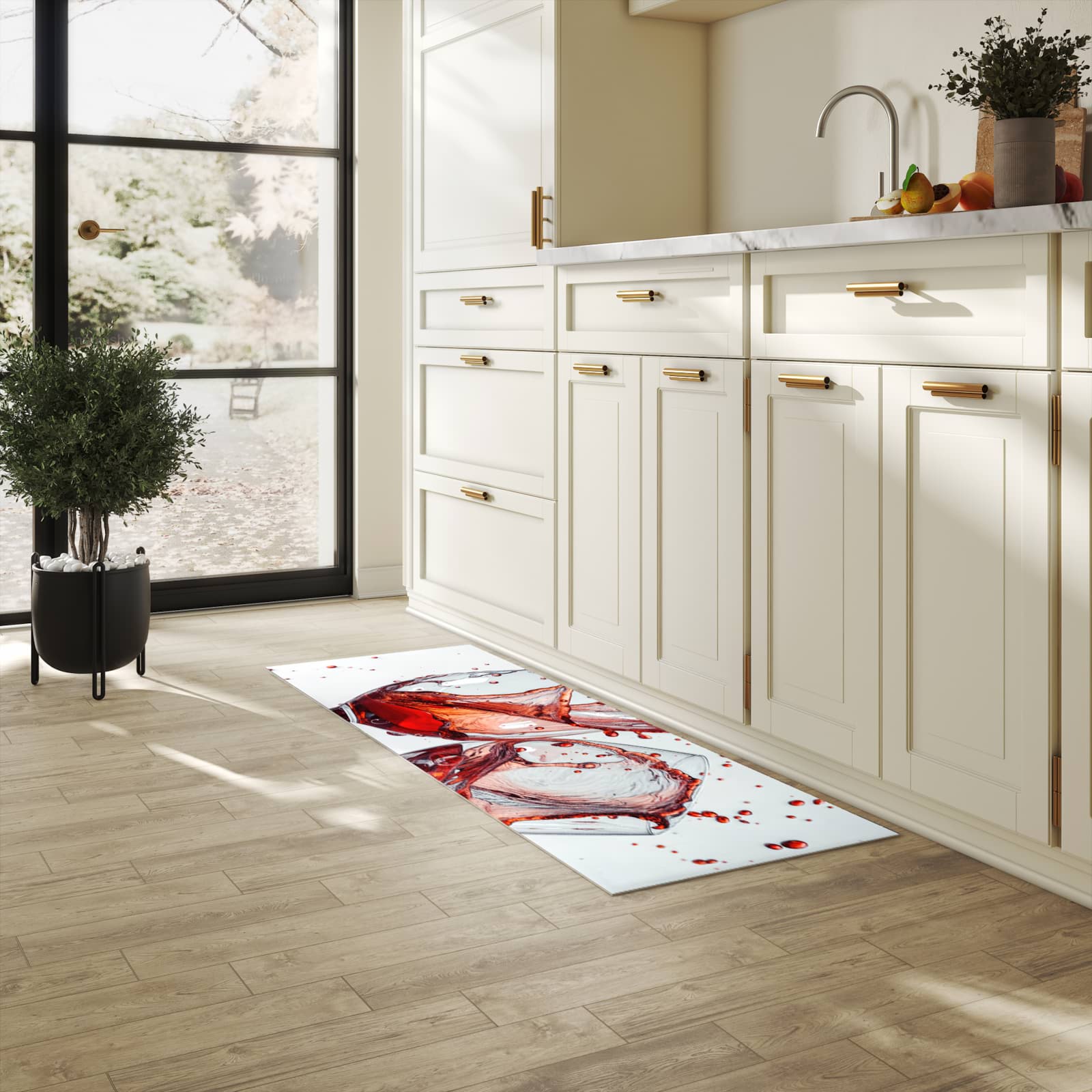 Flacher rutschfester Küchenläufer mit Motiv Weinkelchplätschern in heller Küche