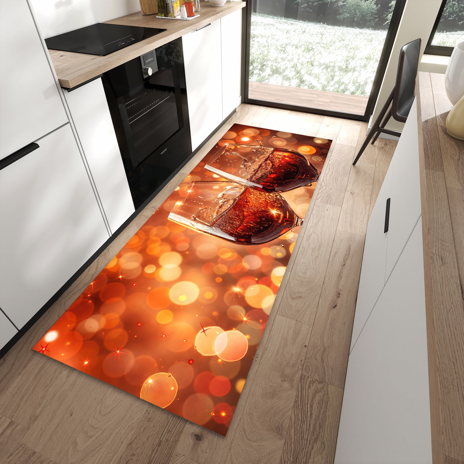 Fleckenresistenter Küchenteppich mit Motiv Weingläser Festlich in moderner Küche