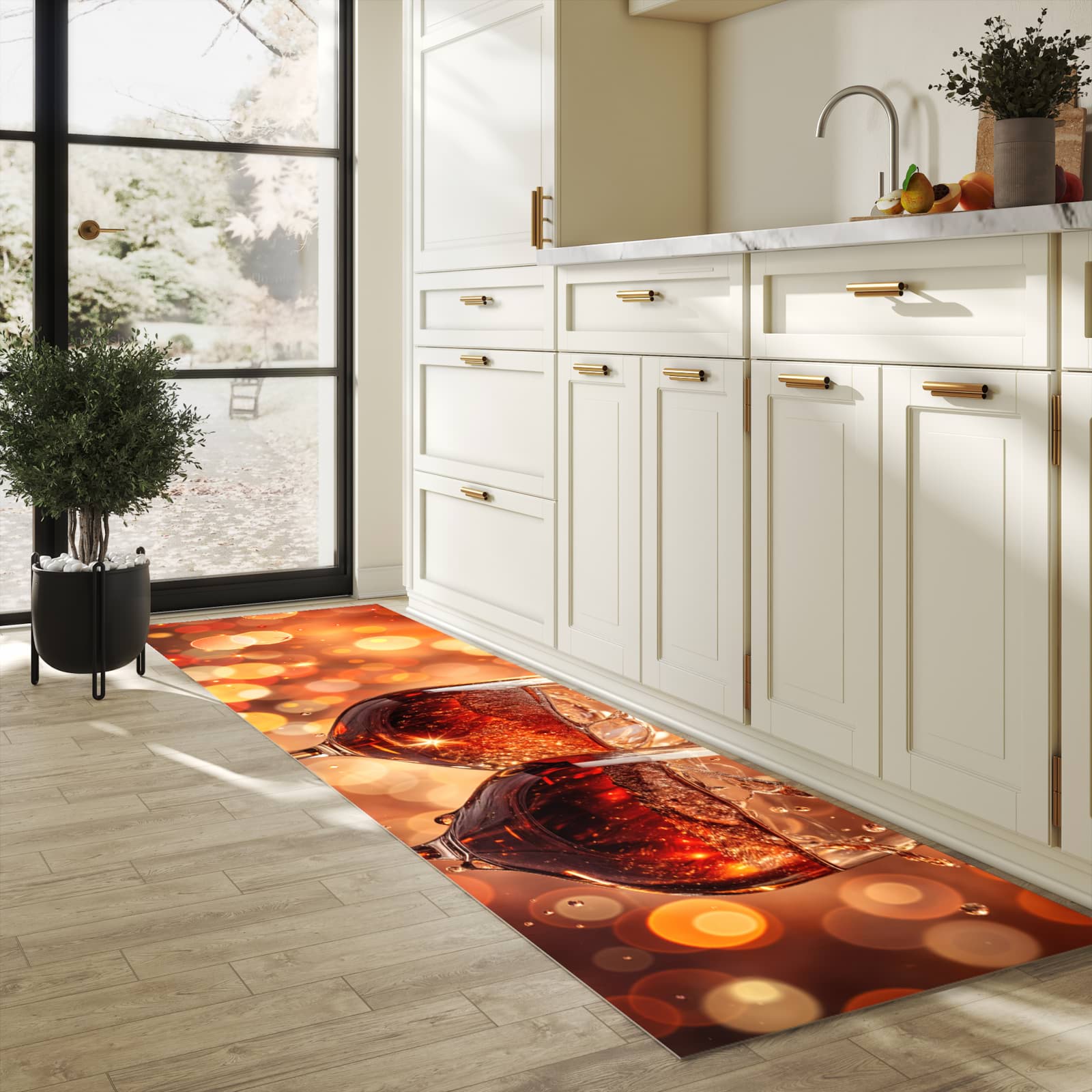 Wasserabweisender Küchenläufer mit Motiv Weingläser Festlich in heller Küche