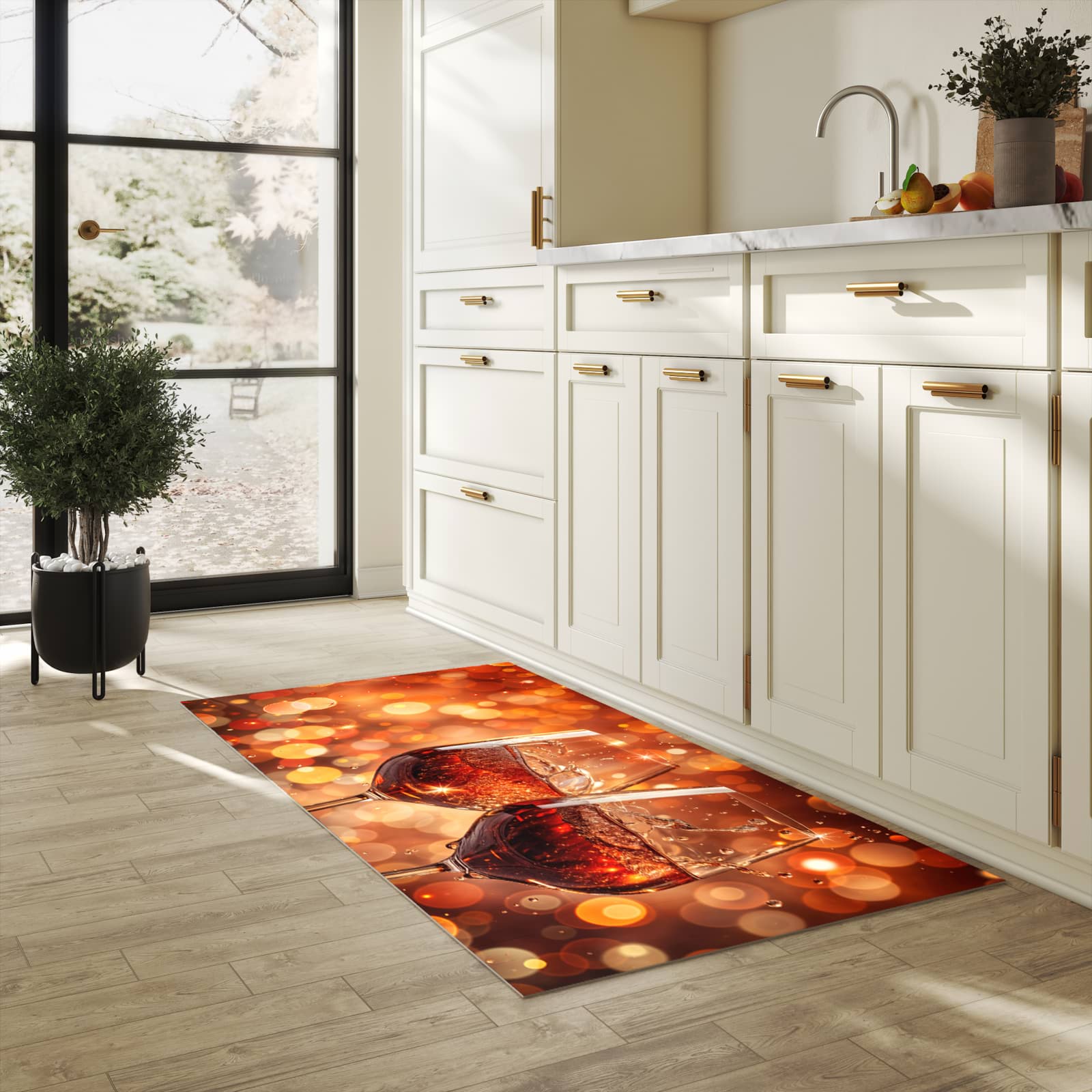 Fleckenresistenter Küchenläufer mit Motiv Weingläser Festlich in heller Küche