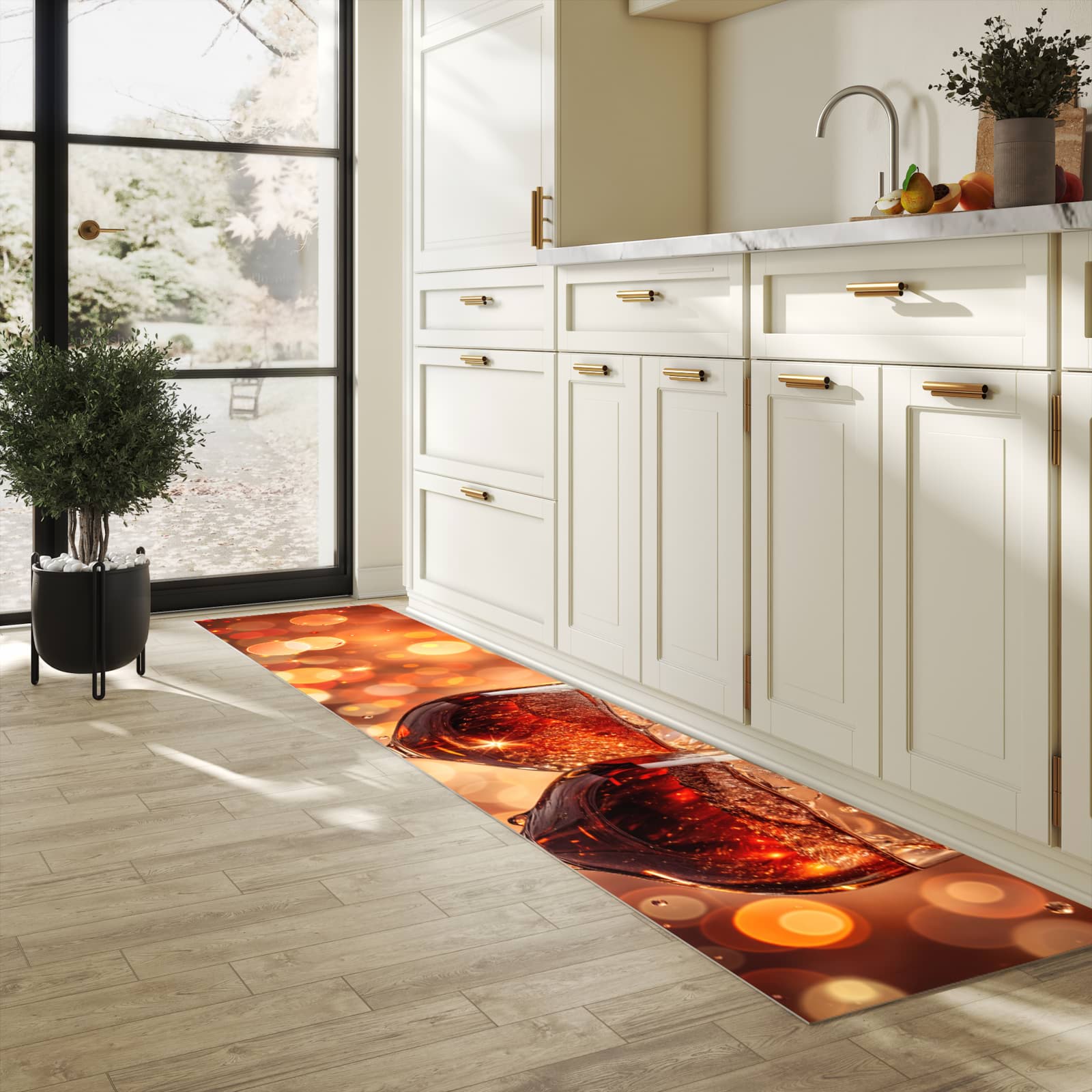 Zeitsparender Küchenteppich mit Motiv Weingläser Festlich in heller Küche - leicht waschbar