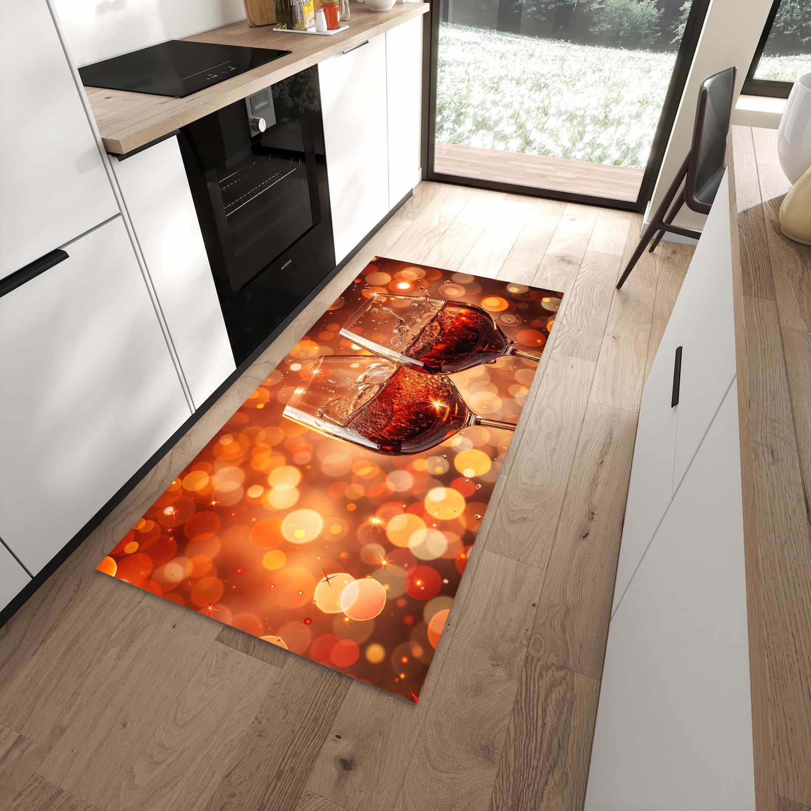 Wasserabweisender Küchenteppich mit Motiv Weingläser Festlich in moderner Küche