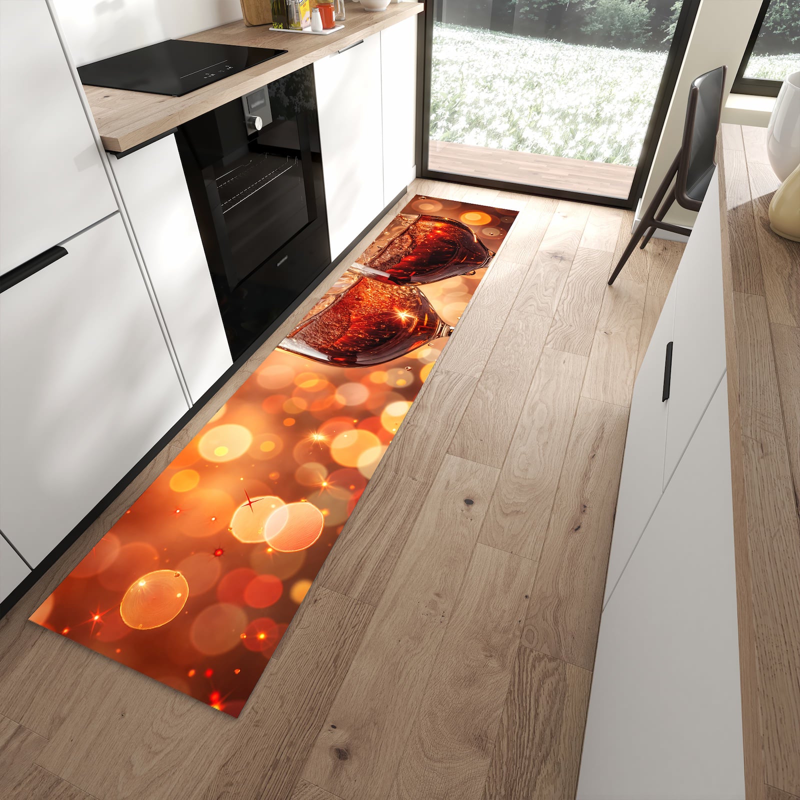 Formstabiler rutschfester Küchenläufer mit Motiv Weingläser Festlich in moderner Küche