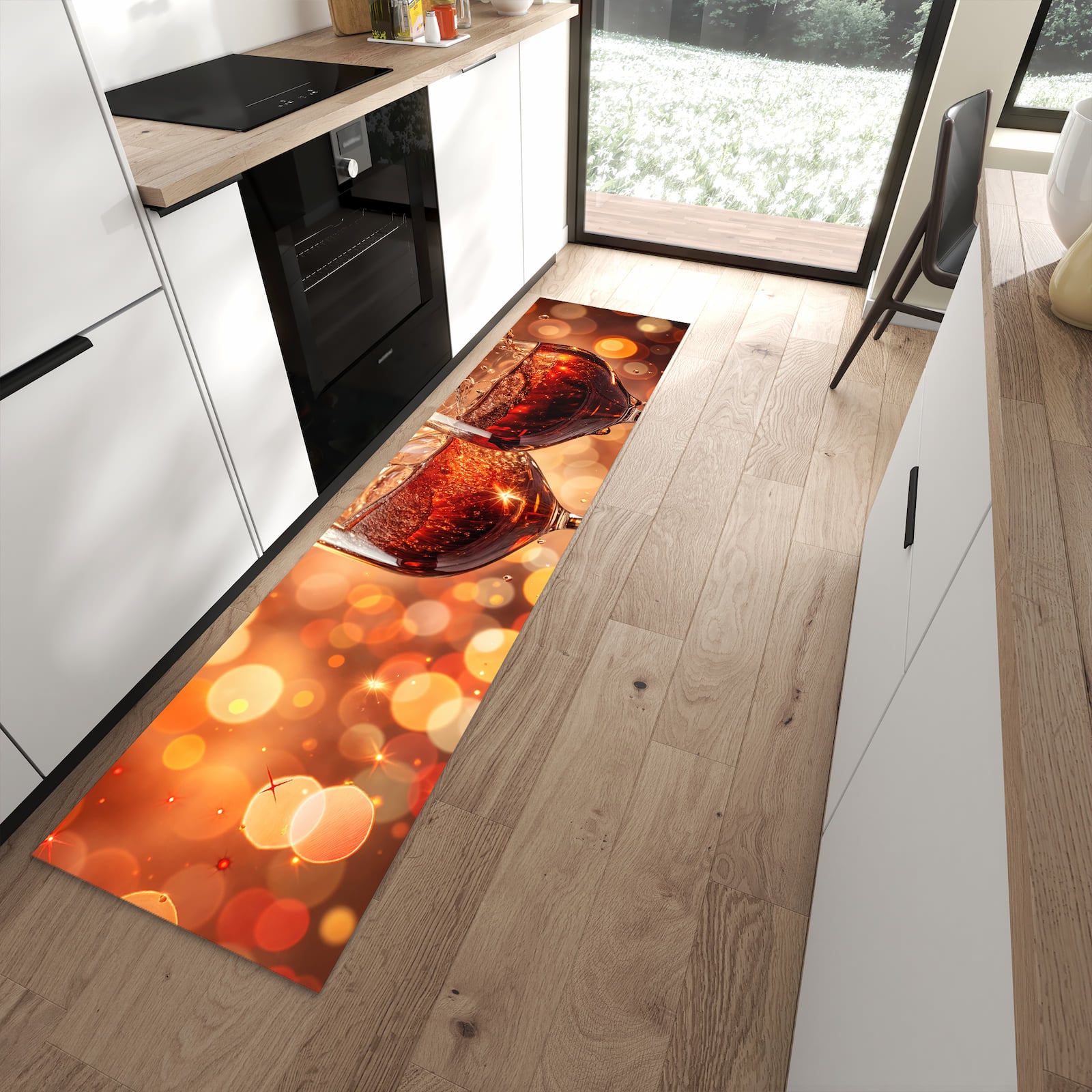 Farbbeständiger waschbarer Küchenläufer mit Motiv Weingläser Festlich in moderner Küche