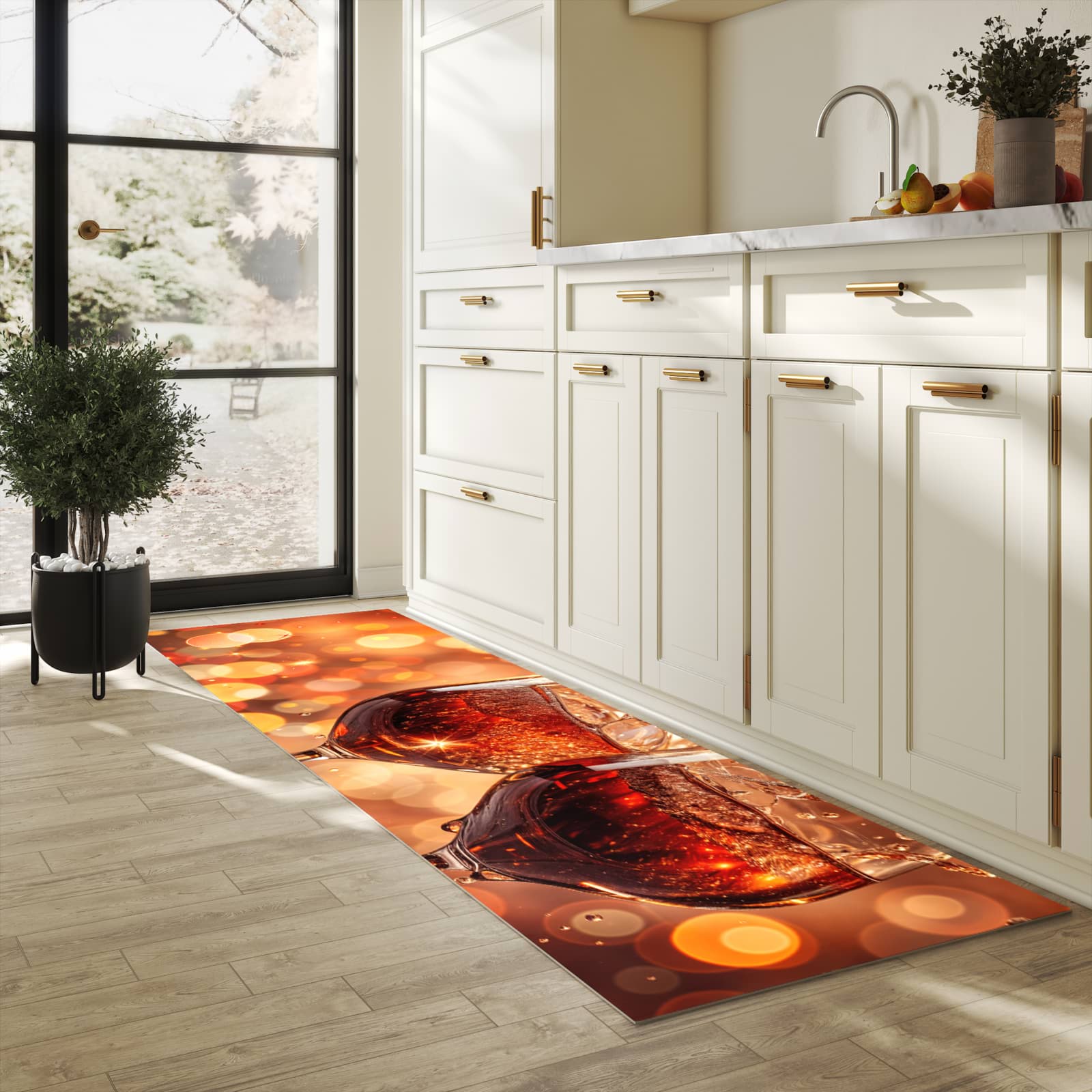 Waschbarer Küchenteppich mit Motiv Weingläser Festlich für Trittkomfort in heller Küche