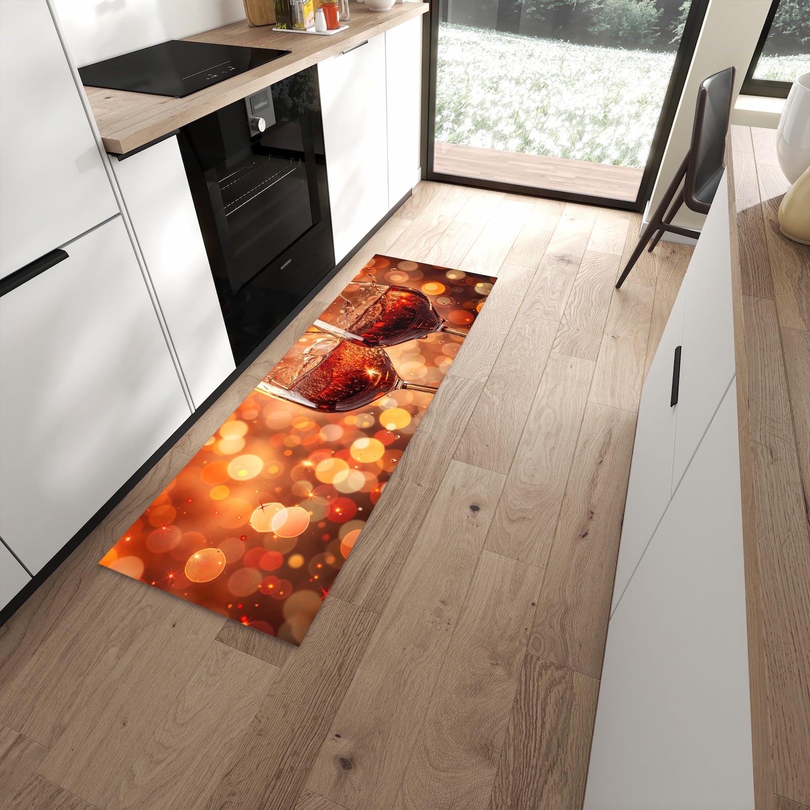 Bodenschonender rutschfester Küchenläufer mit Motiv Weingläser Festlich in moderner Küche