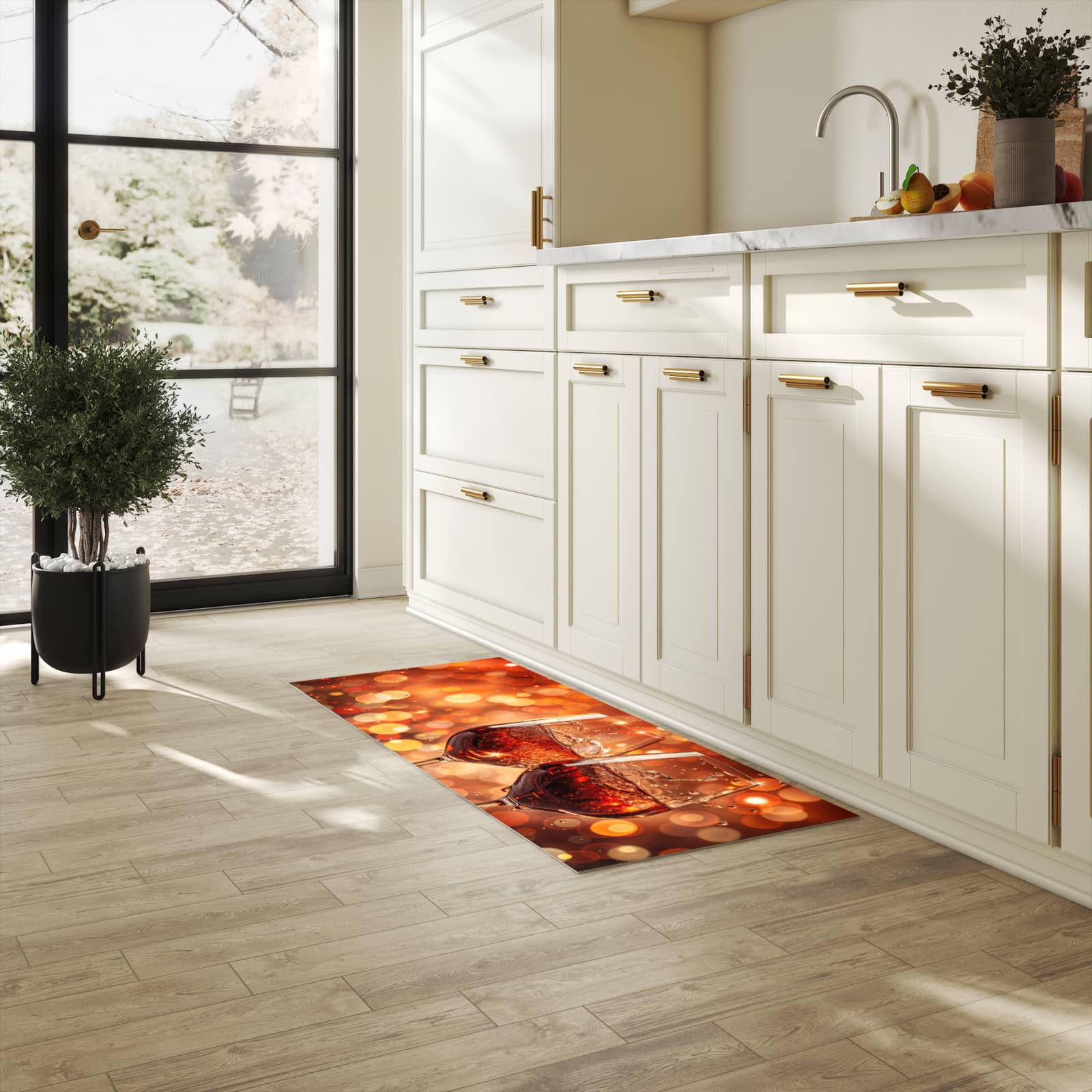 Bodenschonender waschbarer Küchenteppich mit Motiv Weingläser Festlich in heller Küche