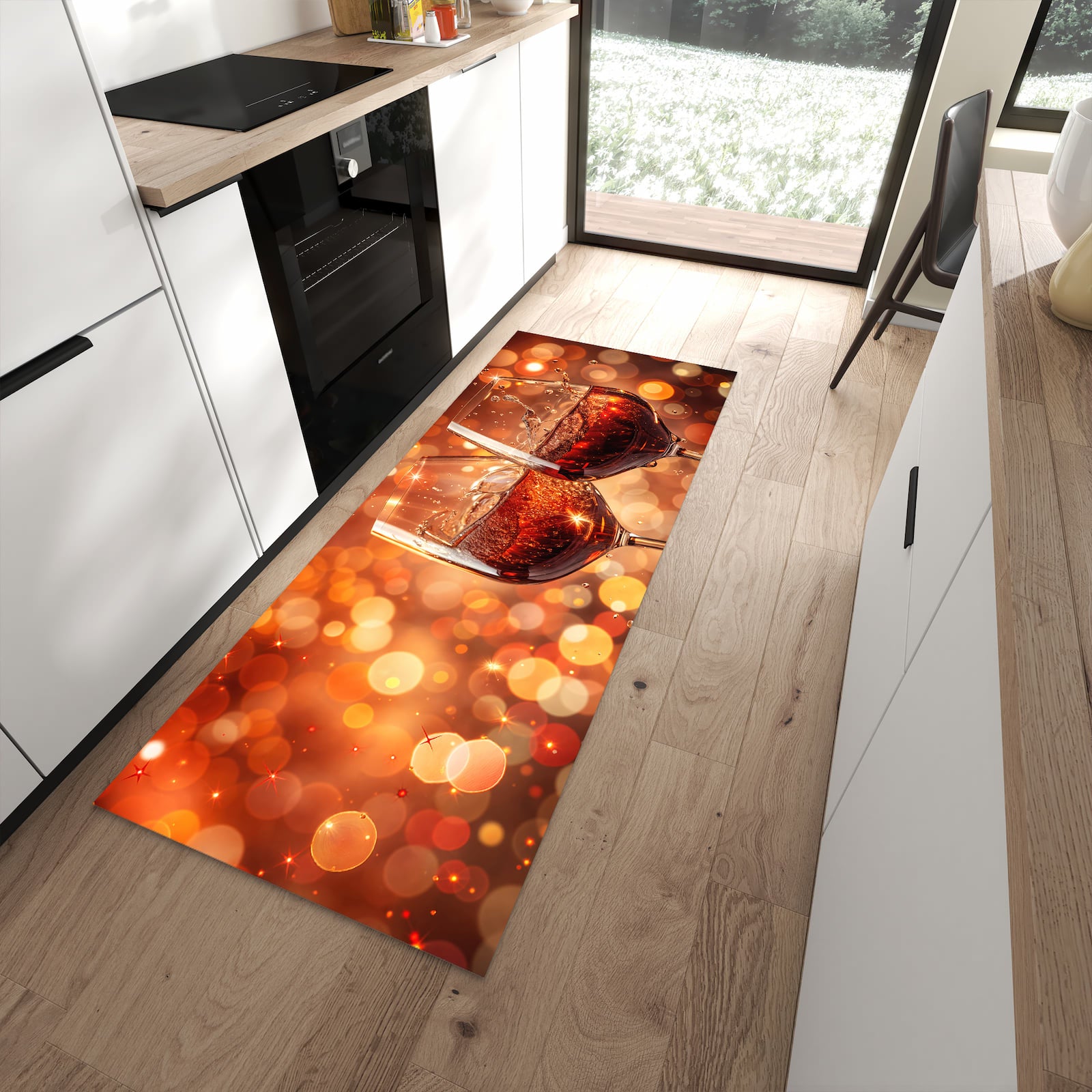 Geräuschdämpfender waschbarer Küchenläufer mit Motiv Weingläser Festlich in moderner Küche