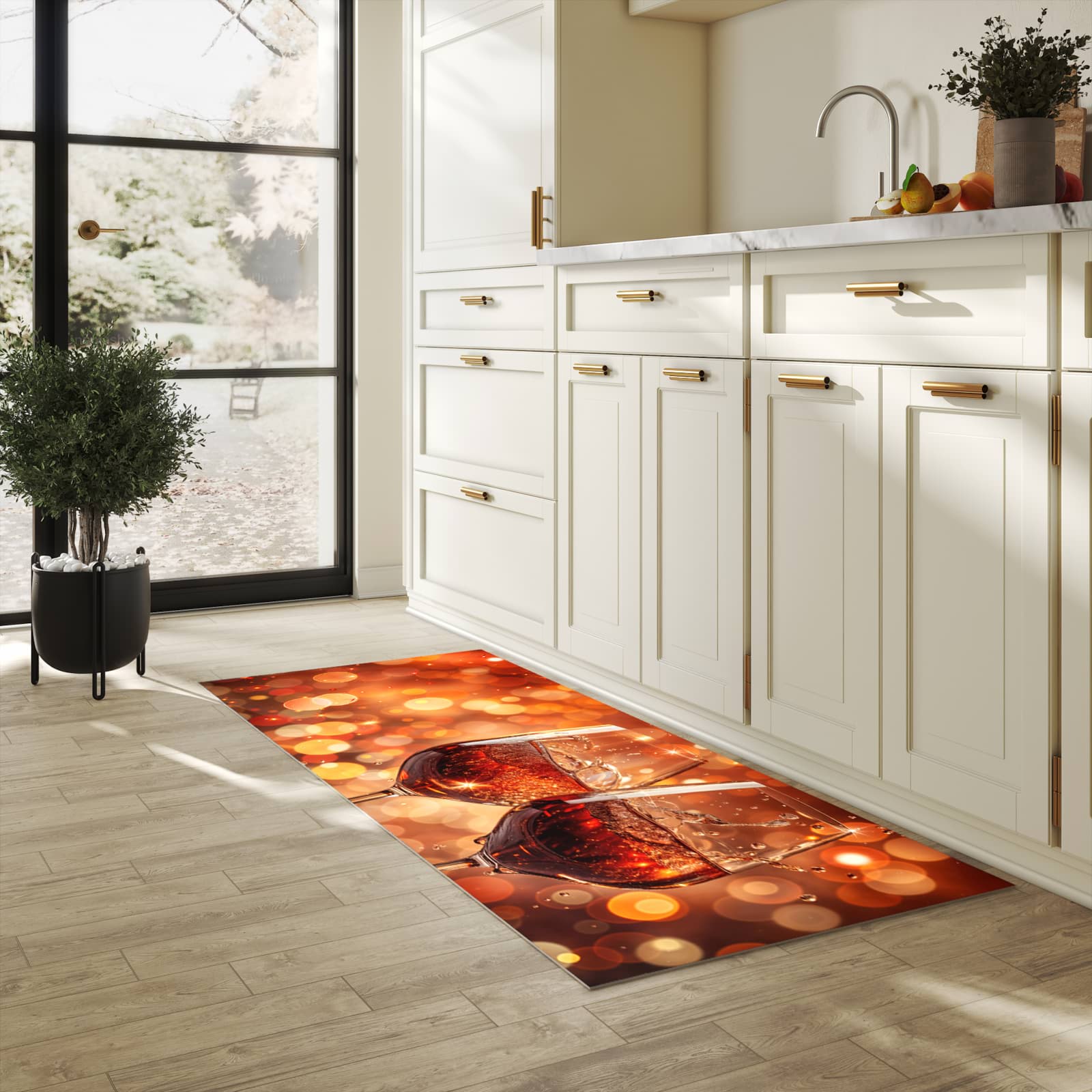 Abriebfester großer Küchenteppich mit Motiv Weingläser Festlich in heller Küche