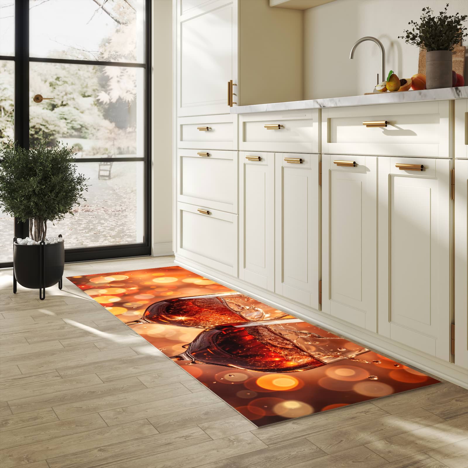 UV-beständiger Küchenteppich mit Motiv Weingläser Festlich in heller Küche