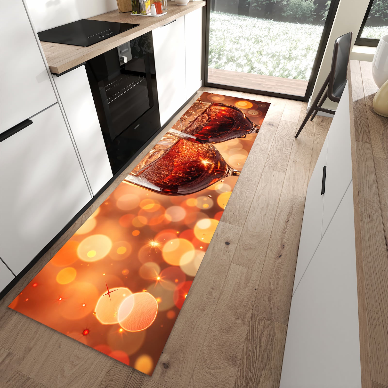 UV-beständiger abwaschbarer Küchenläufer mit Motiv Weingläser Festlich in moderner Küche