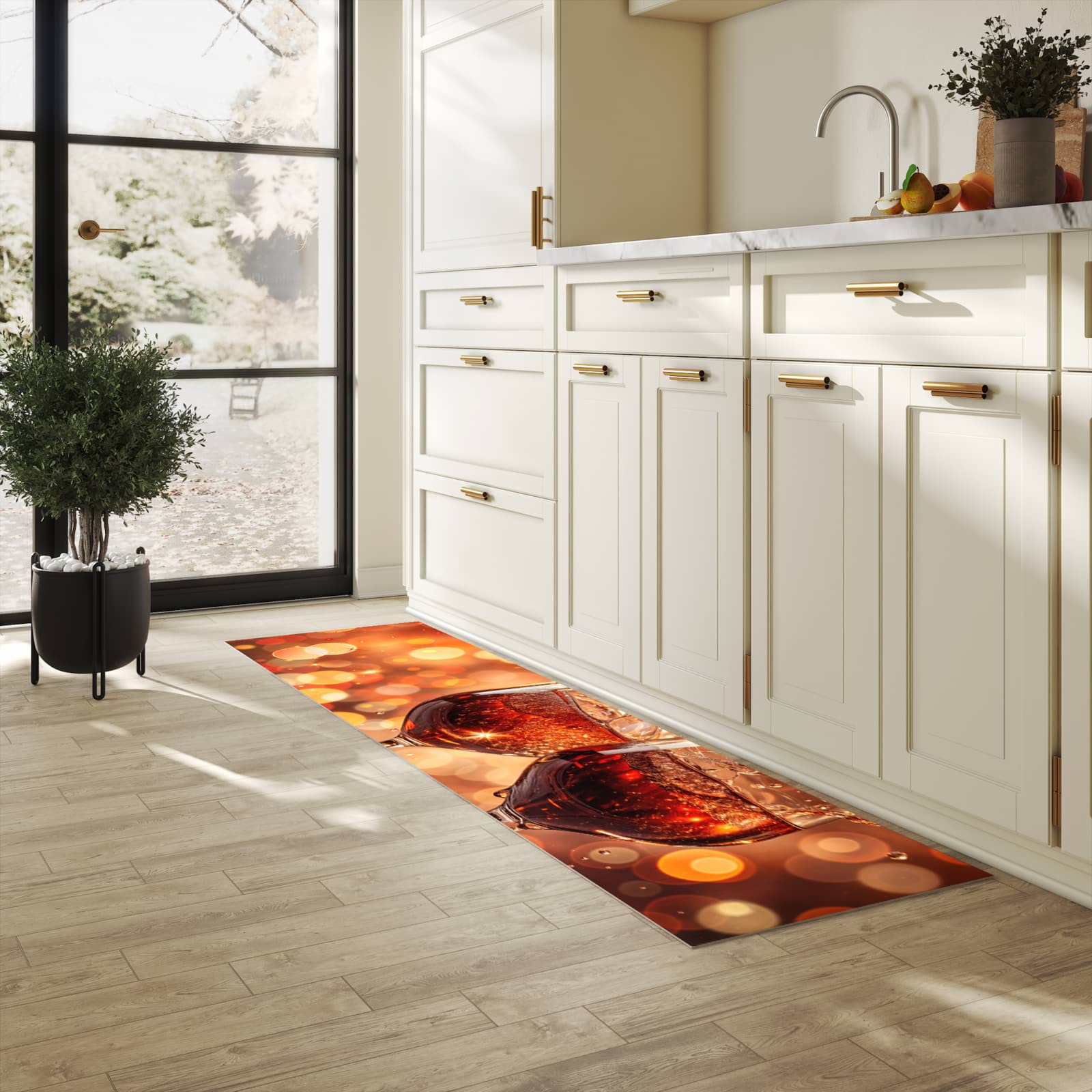 Formstabiler rutschfester Küchenteppich mit Motiv Weingläser Festlich in heller Küche