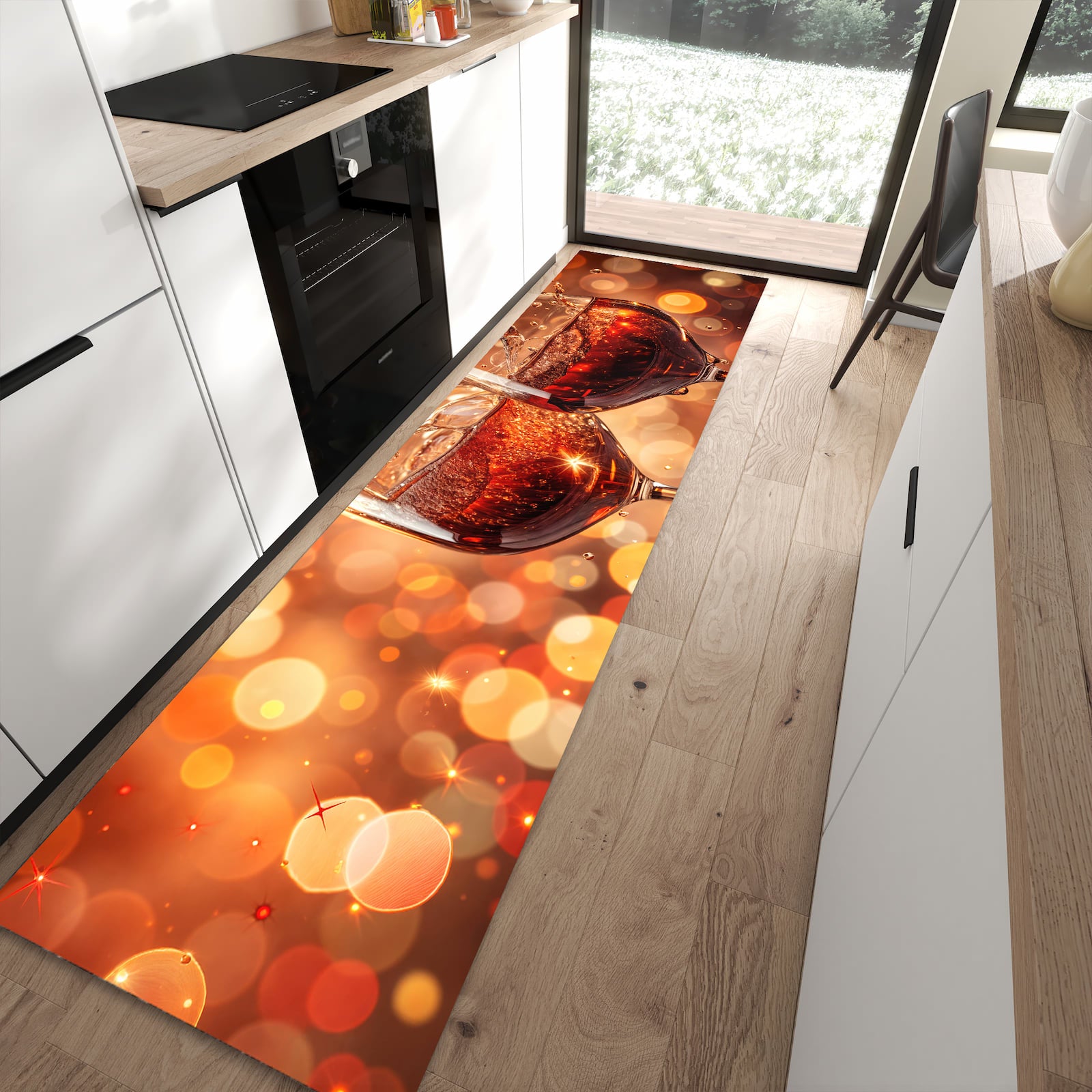 Komfortabler Küchenteppich mit Motiv Weingläser Festlich in moderner Küche - abwaschbar