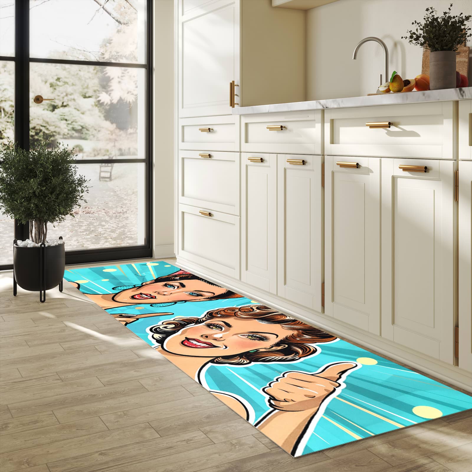 Rutschfester Küchenteppich mit Motiv Retro Frauen Illustration in heller Küche