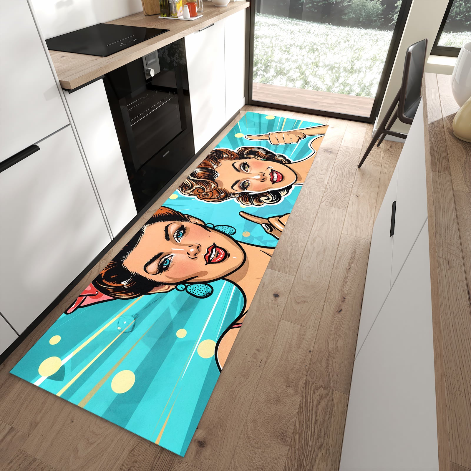 Waschbarer Küchenteppich mit Motiv Retro Frauen Illustration in moderner Küche