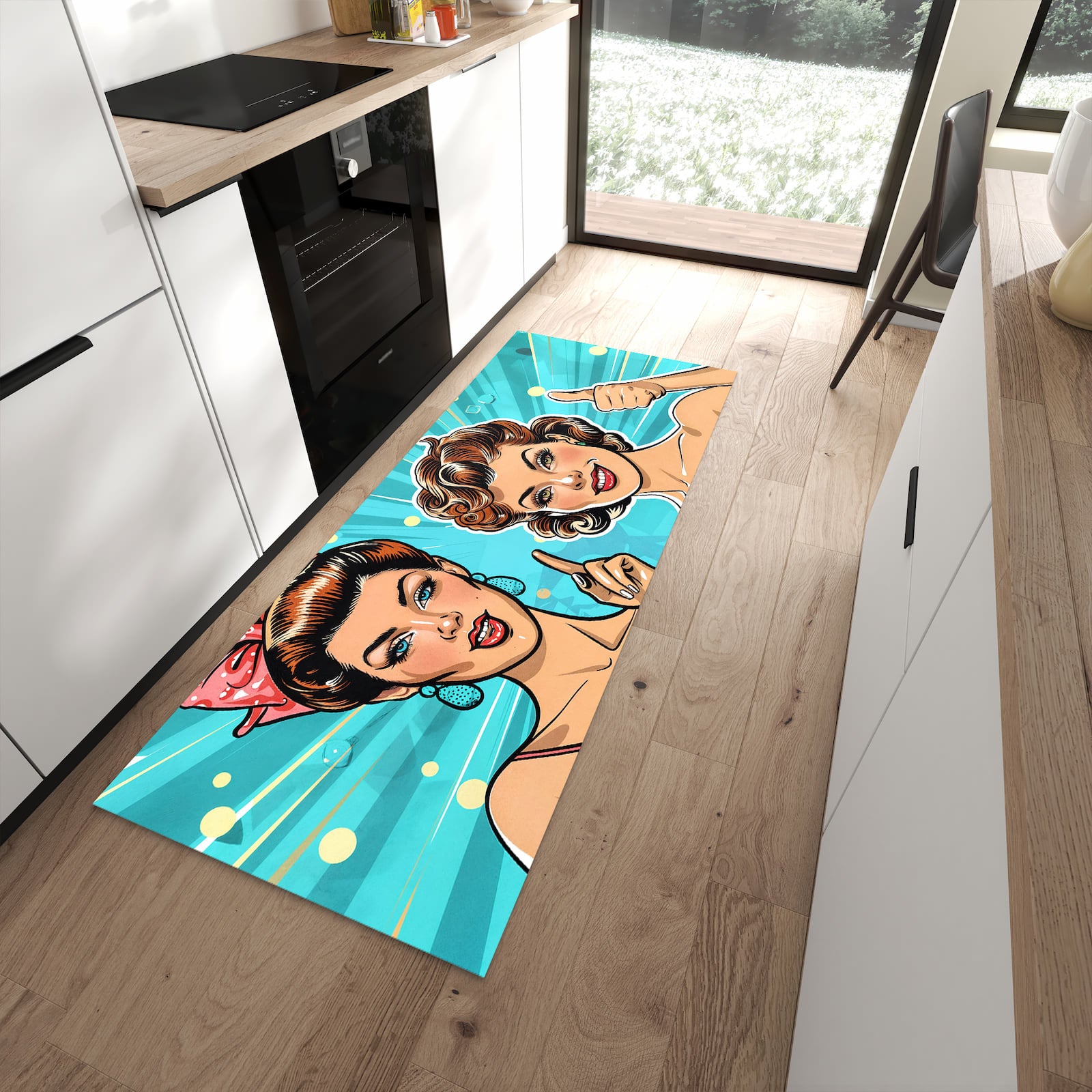 Hygienischer großer Küchenteppich mit Motiv Retro Frauen Illustration in moderner Küche