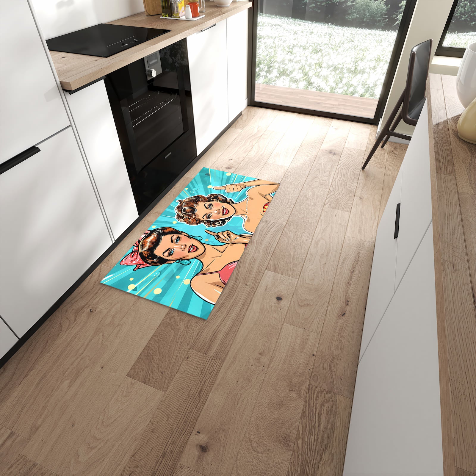 Langlebiger Küchenteppich mit Motiv Retro Frauen Illustration in moderner Küche #grösse_60 x 120 cm