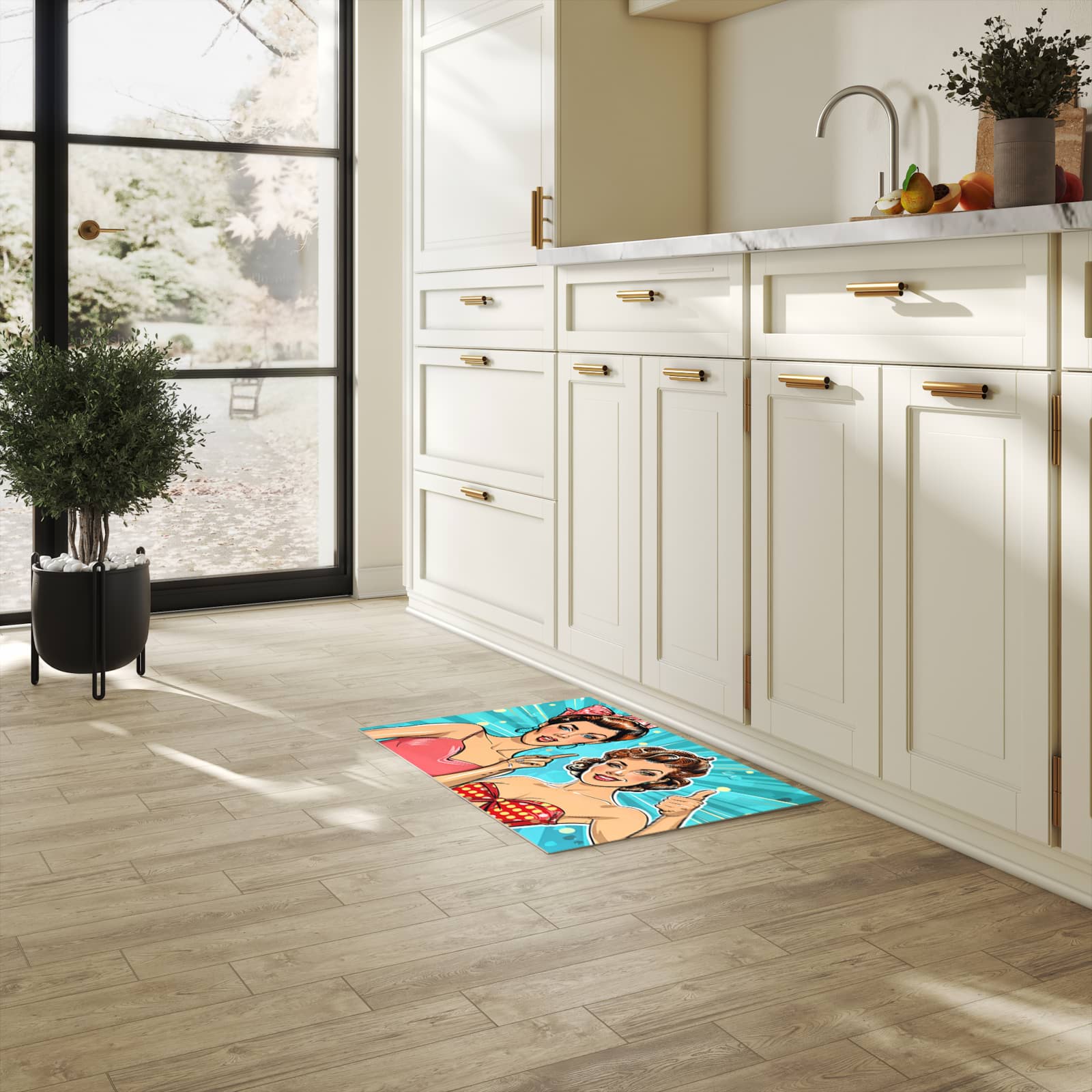 Hygienischer rutschfester Küchenteppich mit Motiv Retro Frauen Illustration in heller Küche
