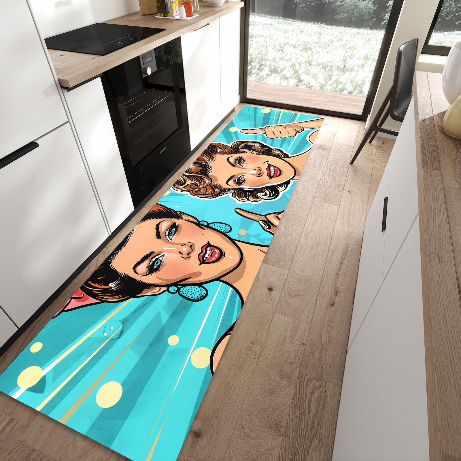 Langlebiger Küchenläufer mit Motiv Retro Frauen Illustration in moderner Küche