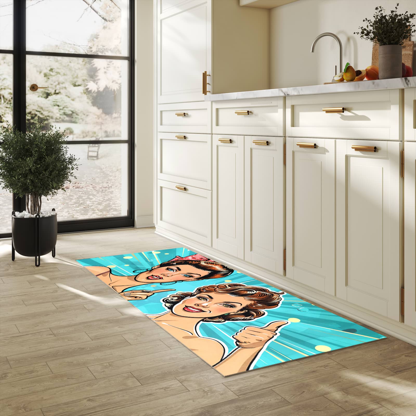 Strapazierfähiger dünner Küchenteppich mit Motiv Retro Frauen Illustration in heller Küche