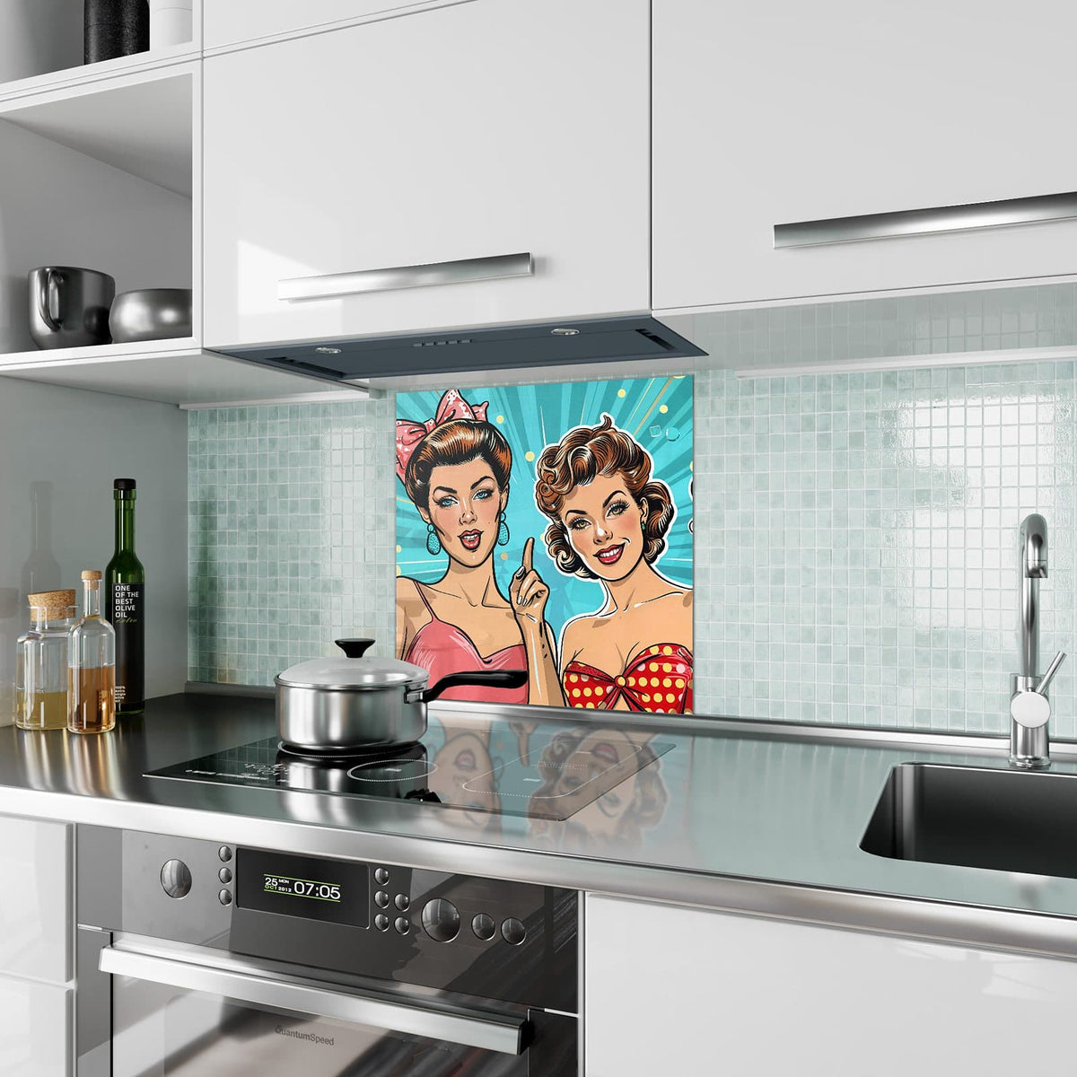 Küchenrückwand Retro Freundinnen aus Glas – Zwei Pop-Art-Frauen mit Retro-Frisuren