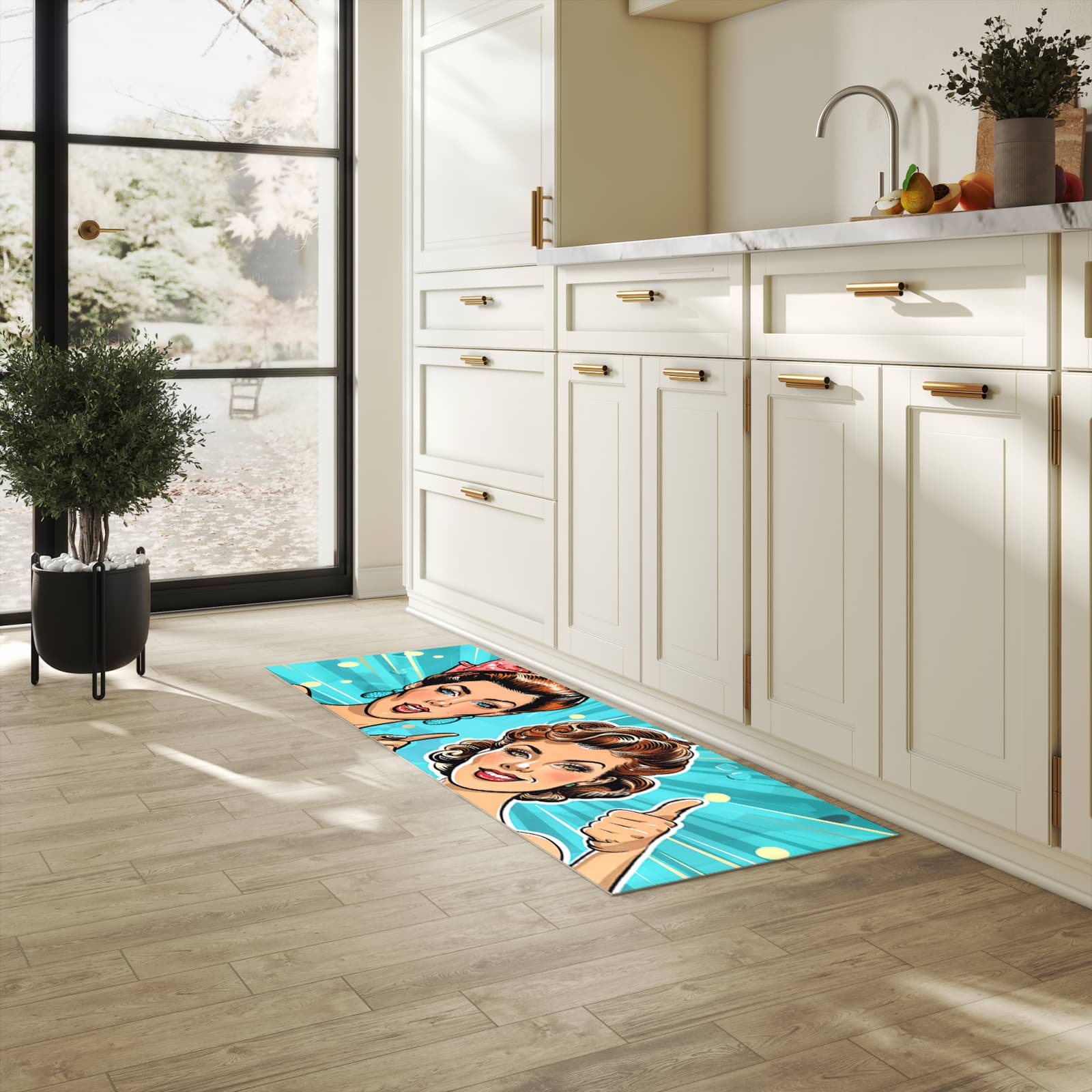 Komfortabler langer Teppich mit Motiv Retro Frauen Illustration in heller Küche