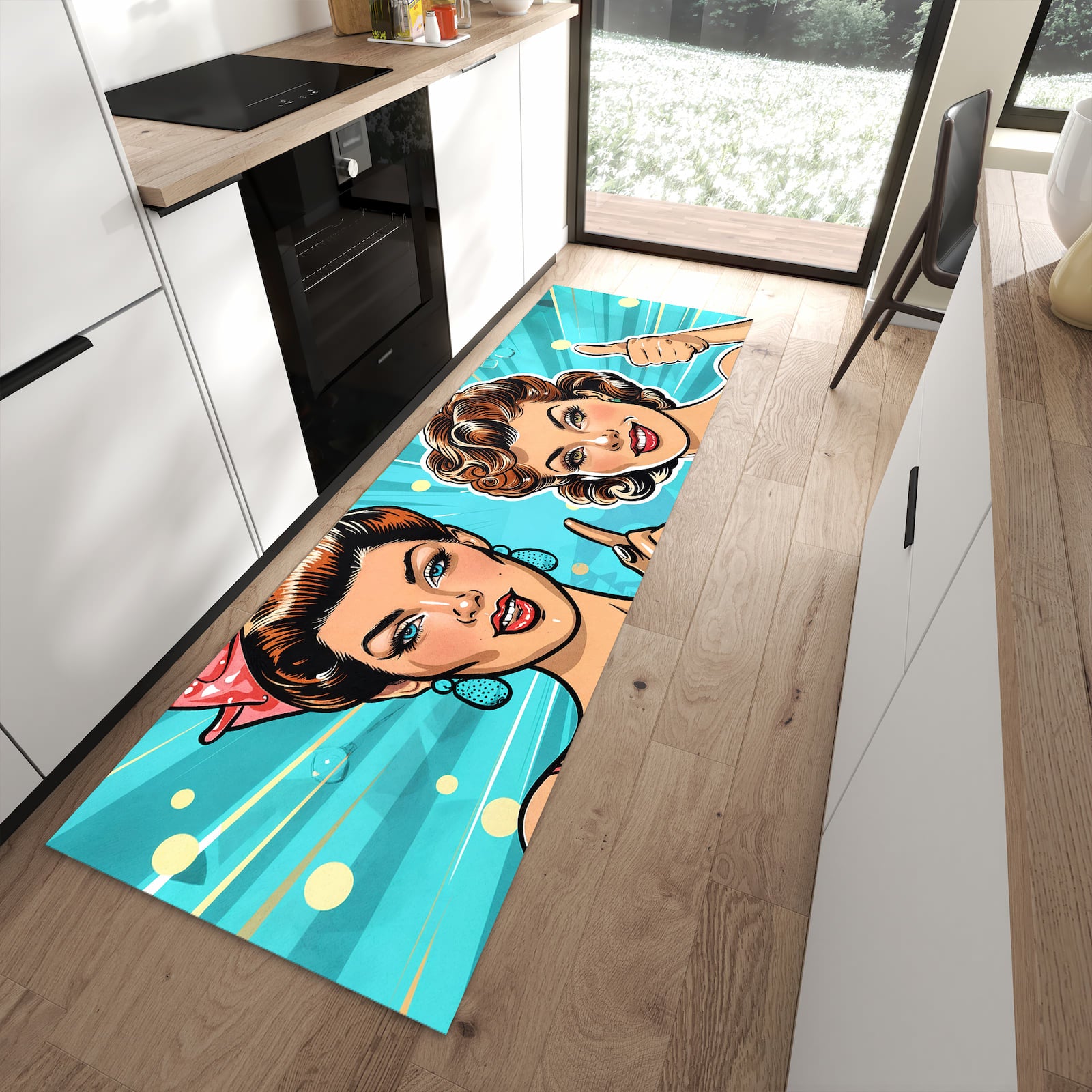 Strapazierfähiger rutschfester Küchenteppich mit Motiv Retro Frauen Illustration in moderner Küche