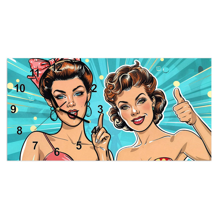 Wanduhr Retro Frauen Illustration aus Glas – Querformat 60 × 30 cm mit Ziffernblatt Modern