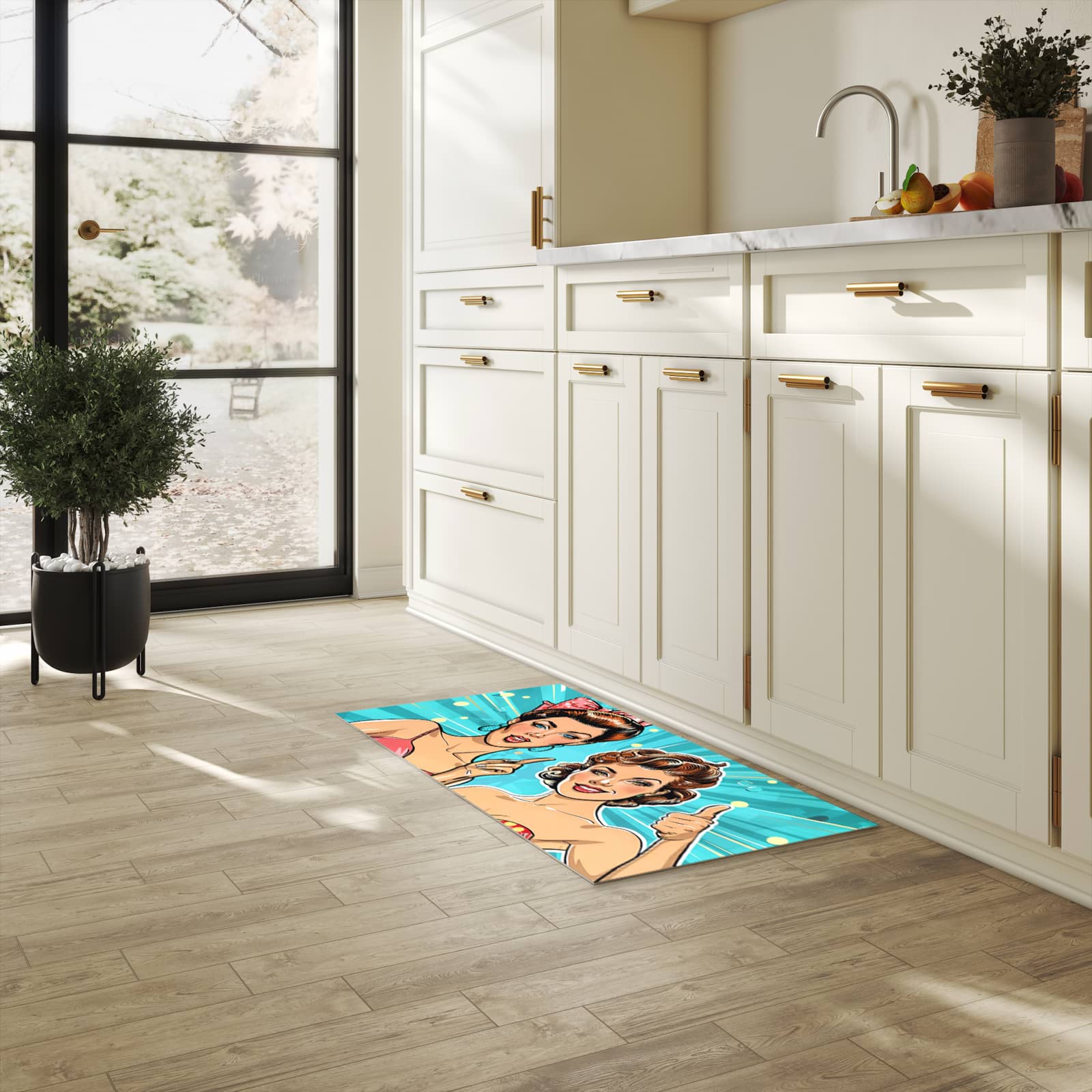 Flacher waschbarer Läufer für die Küche mit Motiv Retro Frauen Illustration in heller Küche