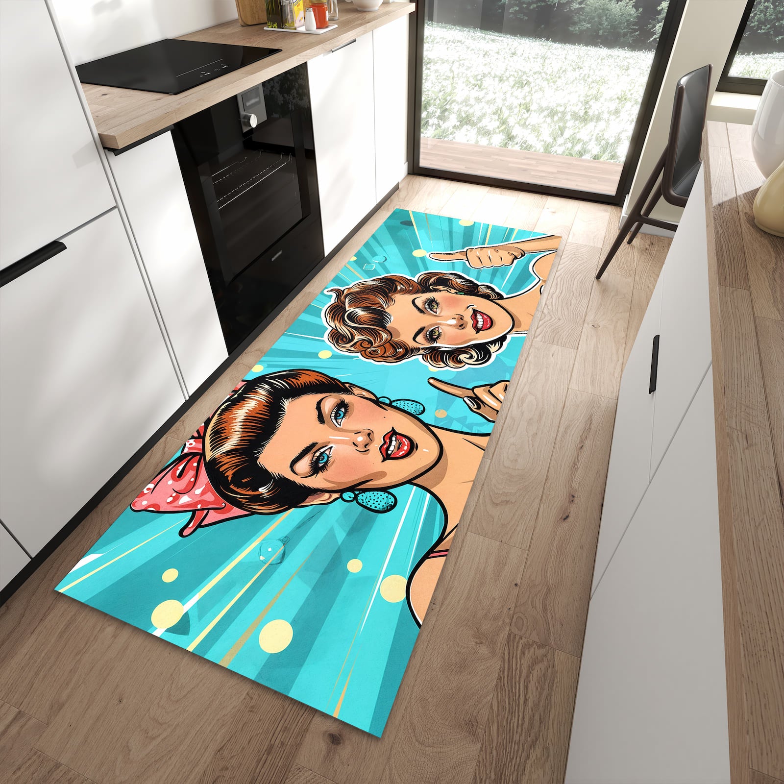 Feuchtigkeitsresistenter Küchenläufer mit Motiv Retro Frauen Illustration in moderner Küche