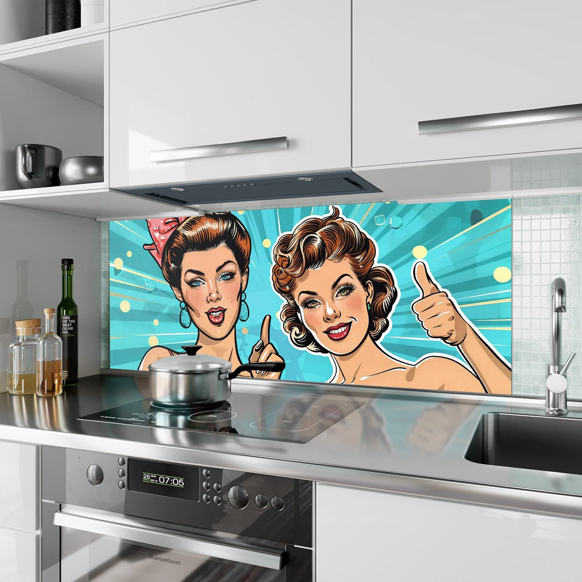 Küchenrückwand aus Glas Retro Freundinnen im Hochformat als Spritzschutz hinter dem Kochfeld, über dem Fliesenspiegel montiert