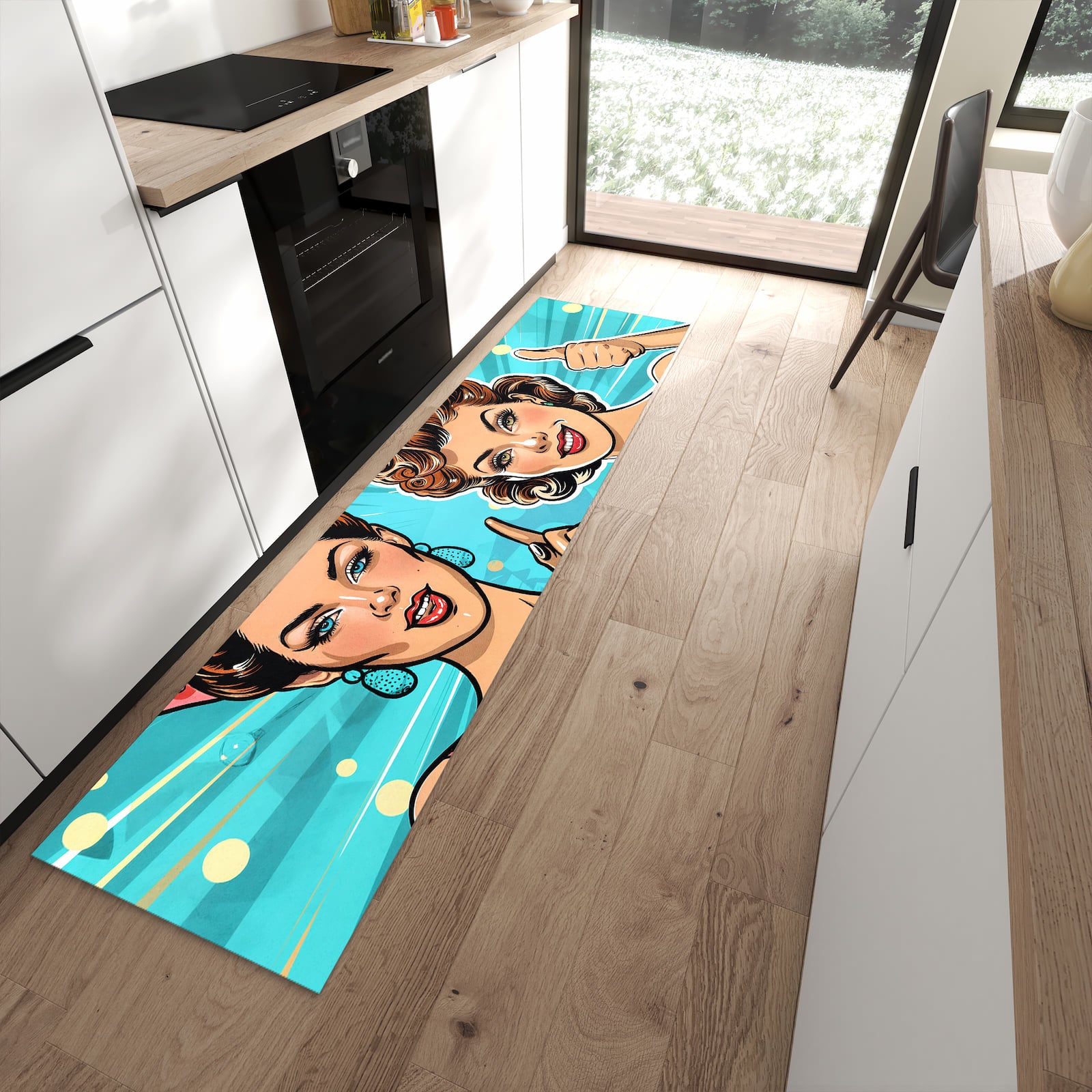 Komfortabler rutschfester Küchenteppich mit Motiv Retro Frauen Illustration in moderner Küche