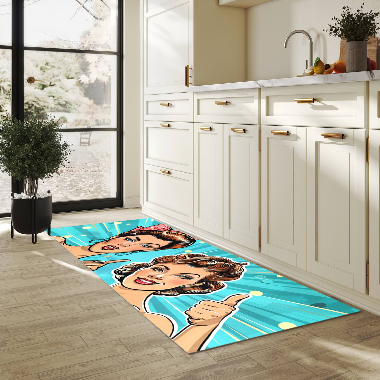 Bodenschonender Bodenläufer-Teppich mit Motiv Retro Frauen Illustration in heller Küche