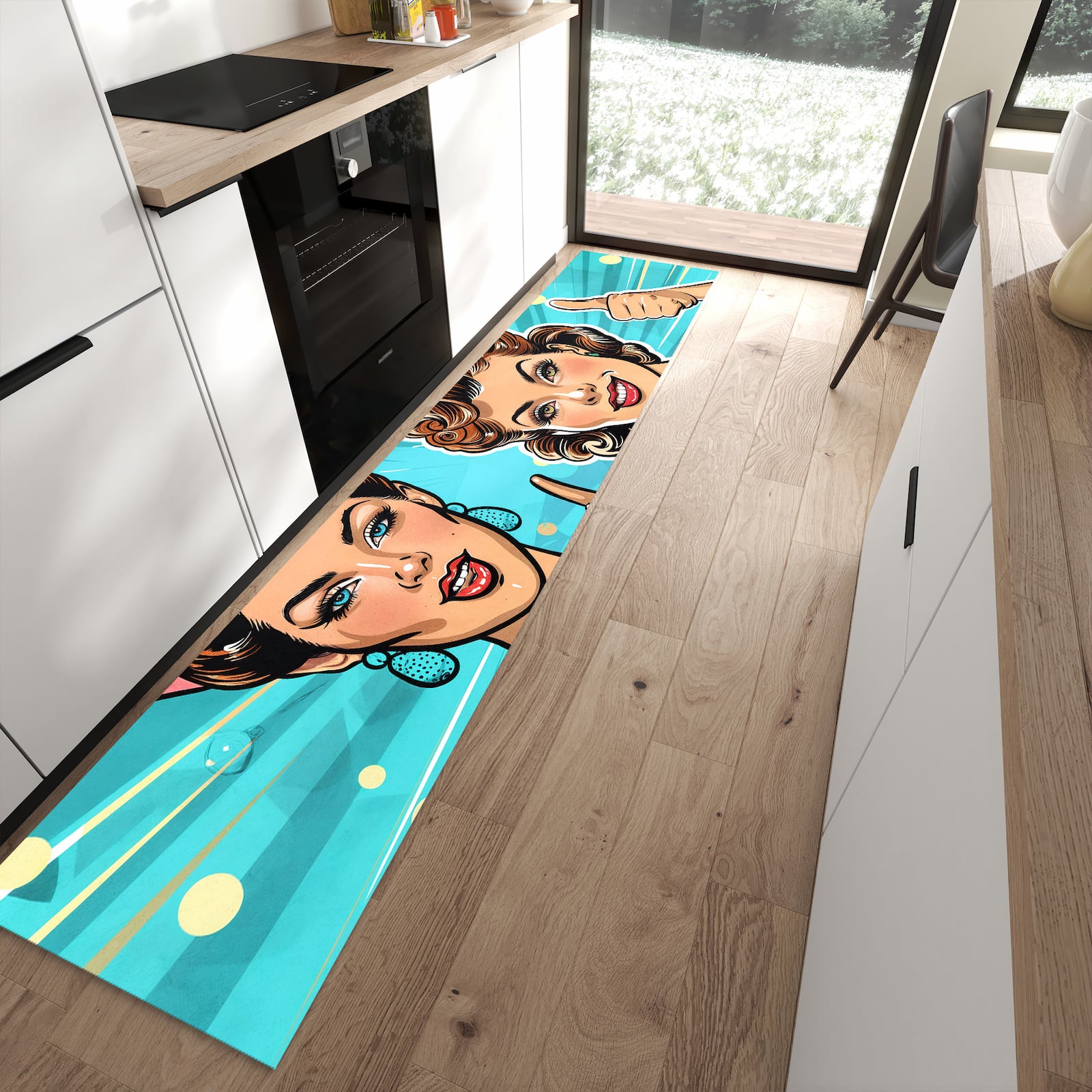 Leicht zu reinigender Küchenteppich mit Motiv Retro Frauen Illustration in moderner Küche