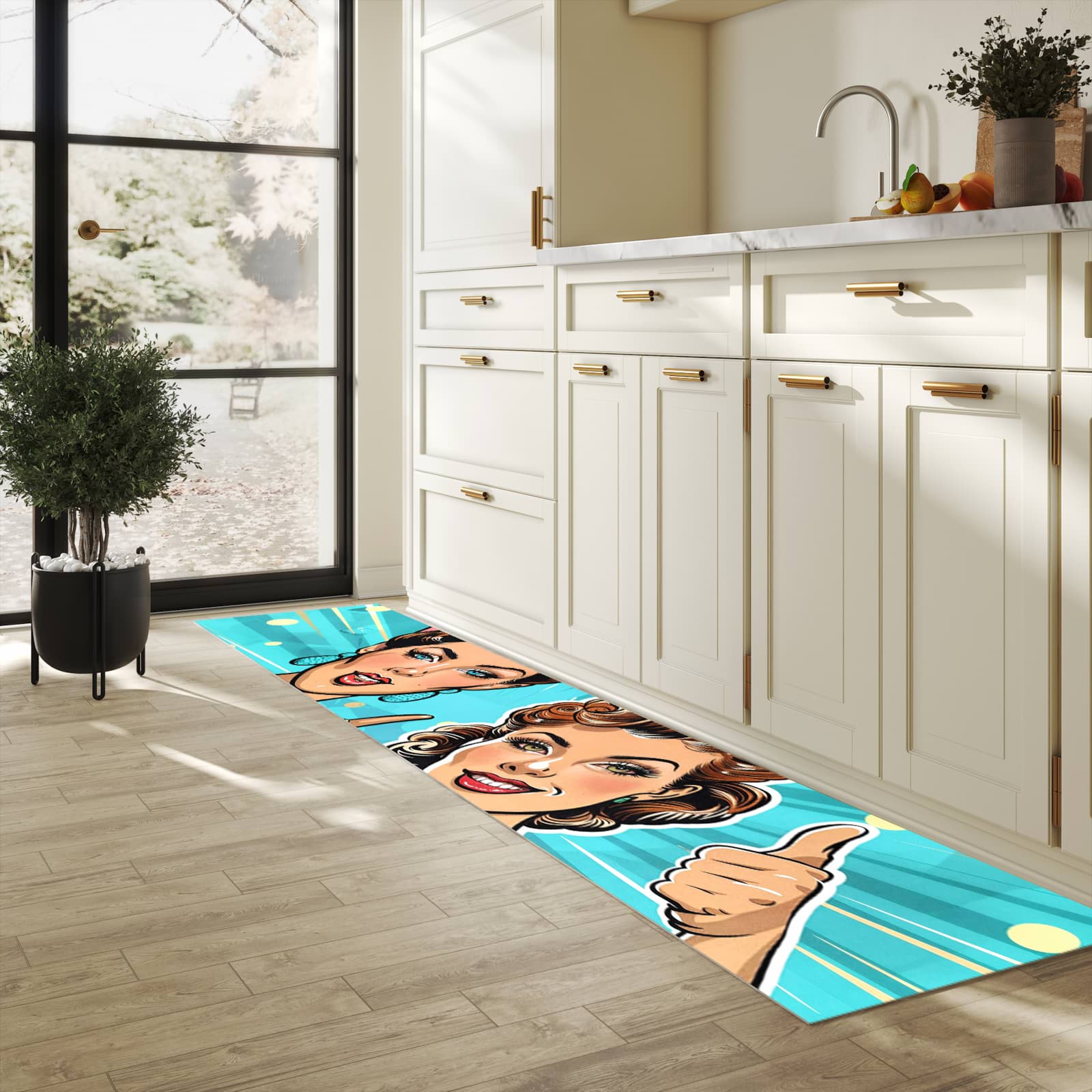 Dünner Küchenteppich mit Motiv Retro Frauen Illustration in heller Küche für angenehme Haptik