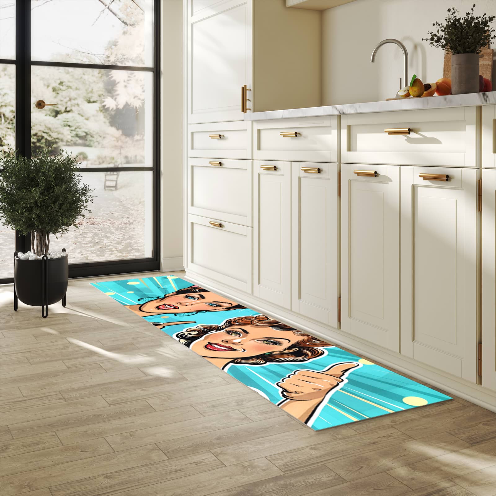 Pflegeleichter Läufer mit Motiv Retro Frauen Illustration in heller Küche für einfache Reinigung