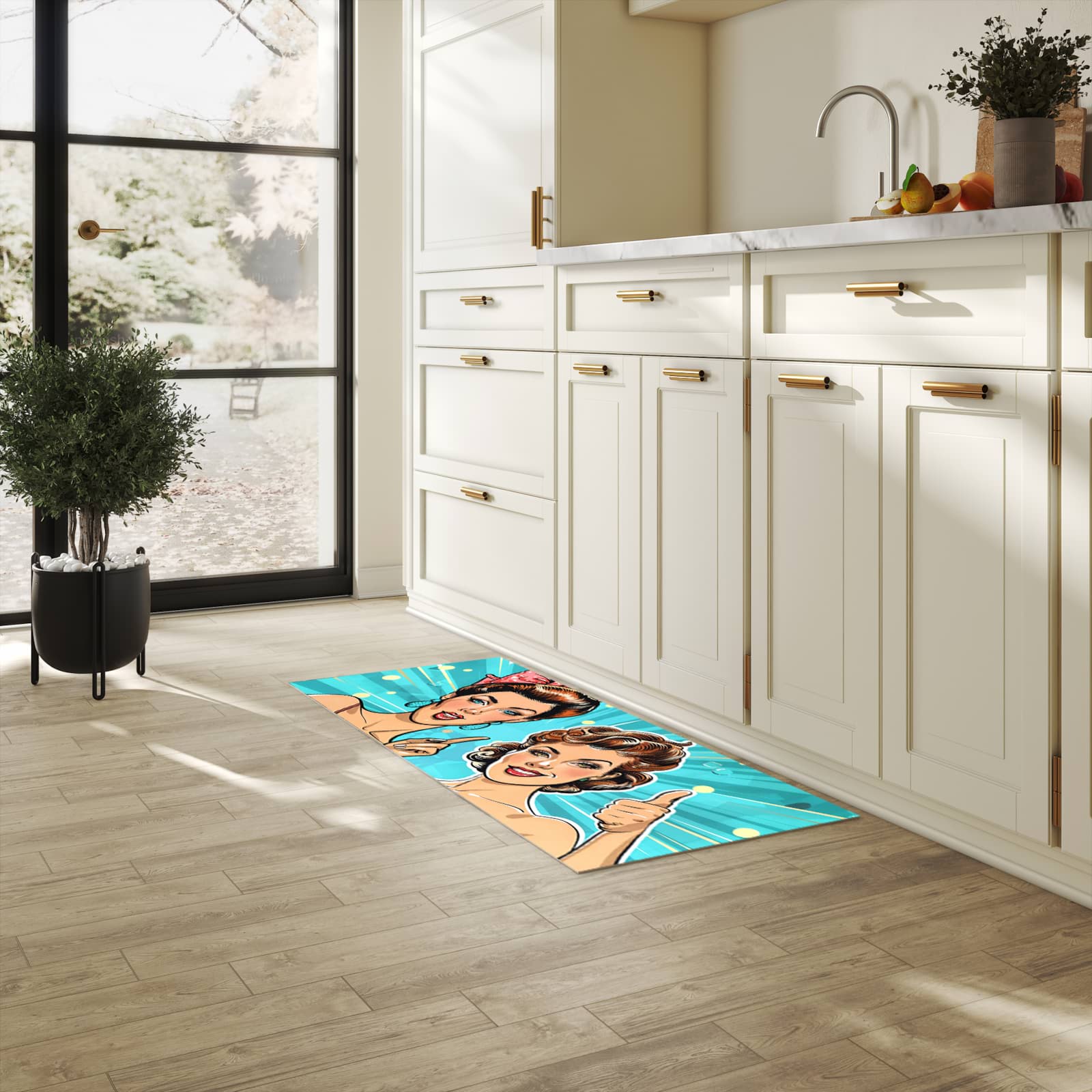 Pflegeleichter waschbarer Küchenläufer mit Motiv Retro Frauen Illustration in heller Küche