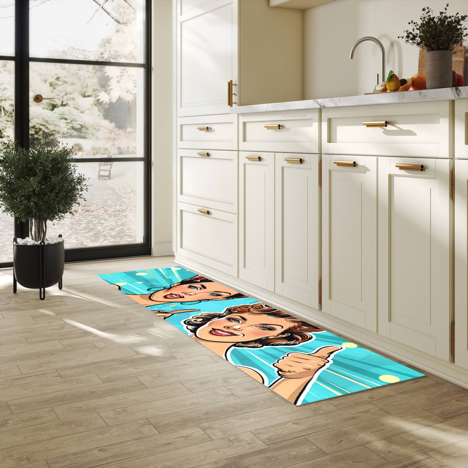Rutschfester Läufer mit Motiv Retro Frauen Illustration für Eingangsbereich in heller Küche