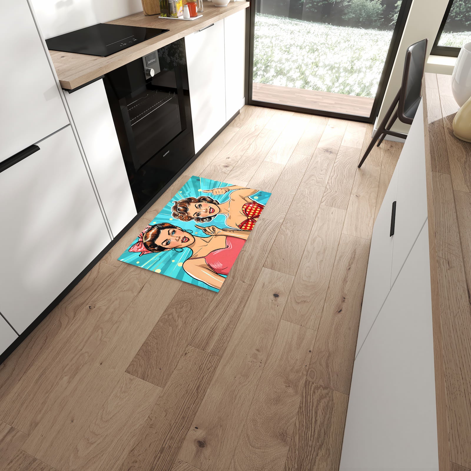 Küchenteppich mit Motiv Retro Frauen Illustration für angenehmes Stehen in moderner Küche