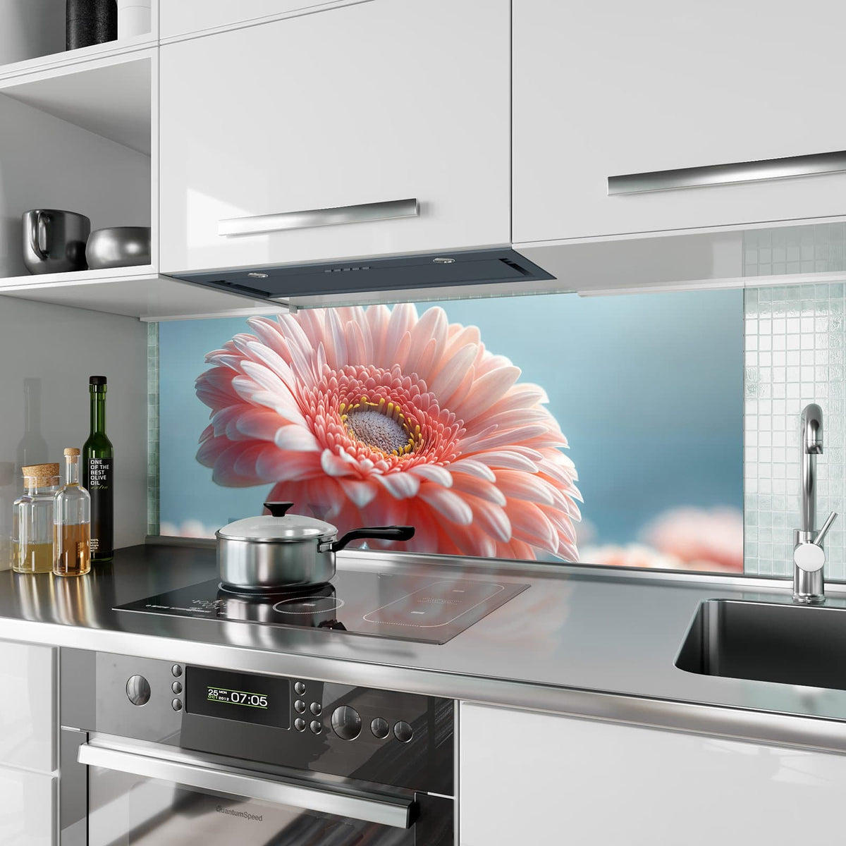 Küchenrückwand aus Glas Rosa Gerbera im Hochformat als Spritzschutz hinter dem Kochfeld, über dem Fliesenspiegel montiert