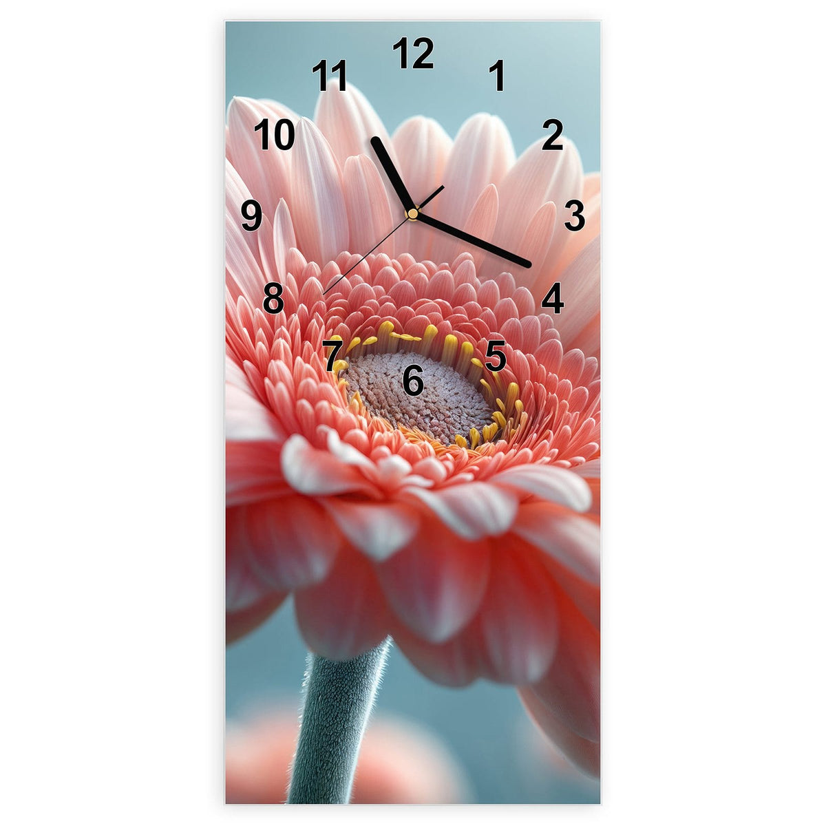 Wanduhr aus Glas, Ziffernblatt Modern: Makro einer rosa Gerbera vor hellblauem Grund