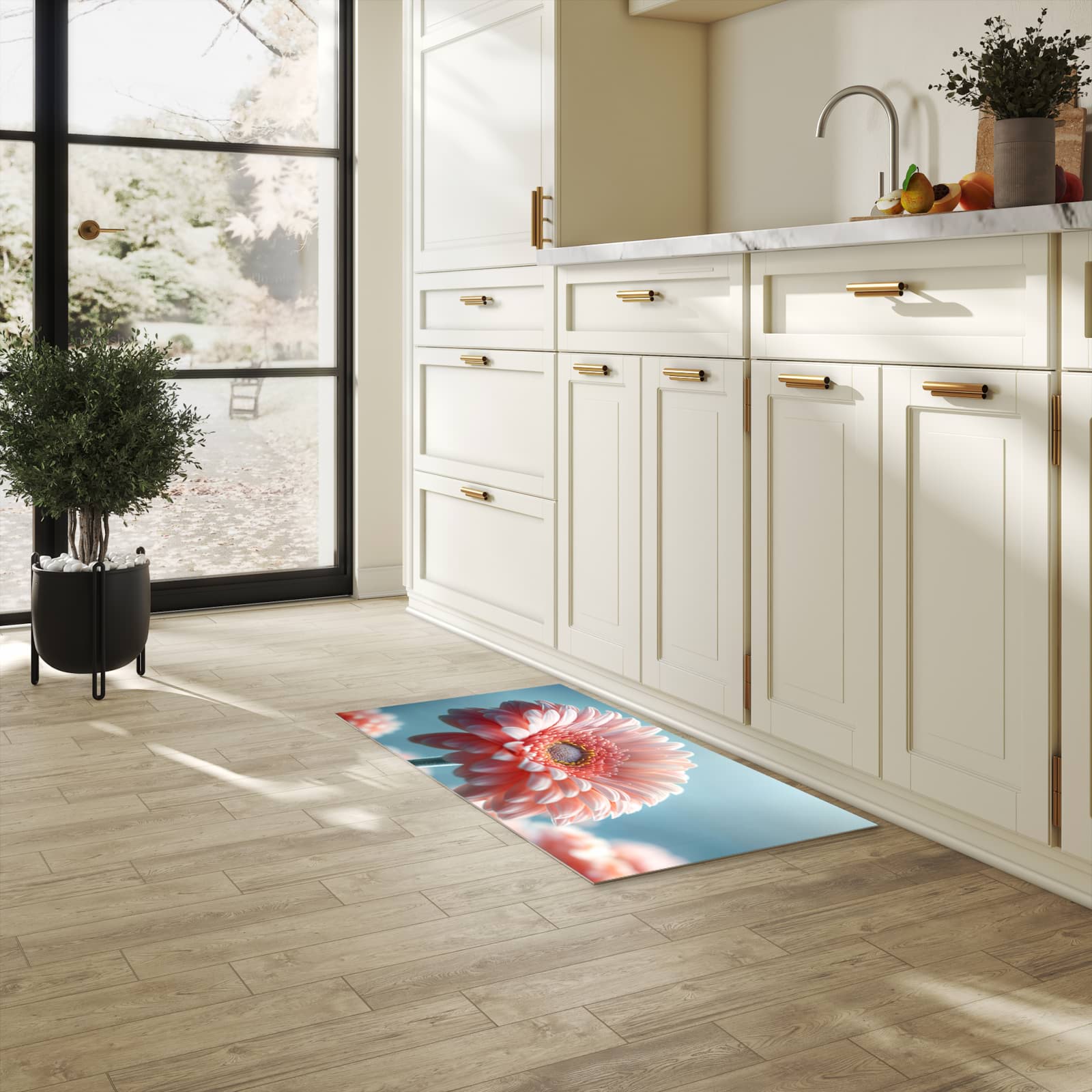 Hygienischer Küchenteppich mit Motiv Warme Blumenpracht in heller Küche