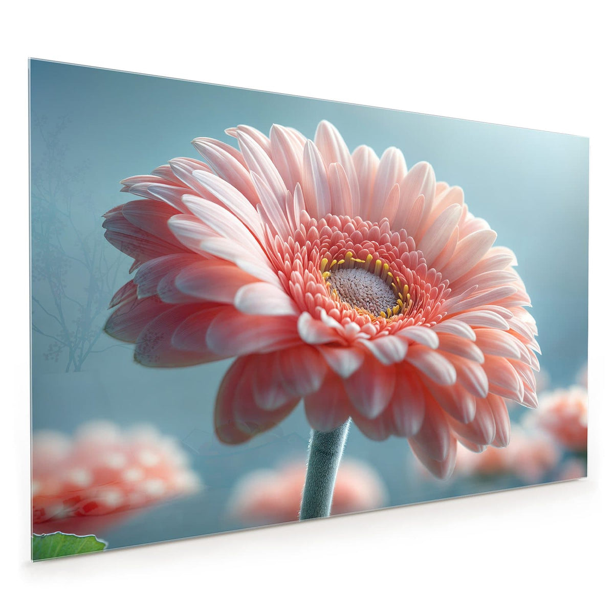 Küchenrückwand aus Glas im Hochformat: Makro einer rosa Gerbera vor hellblauem Grund