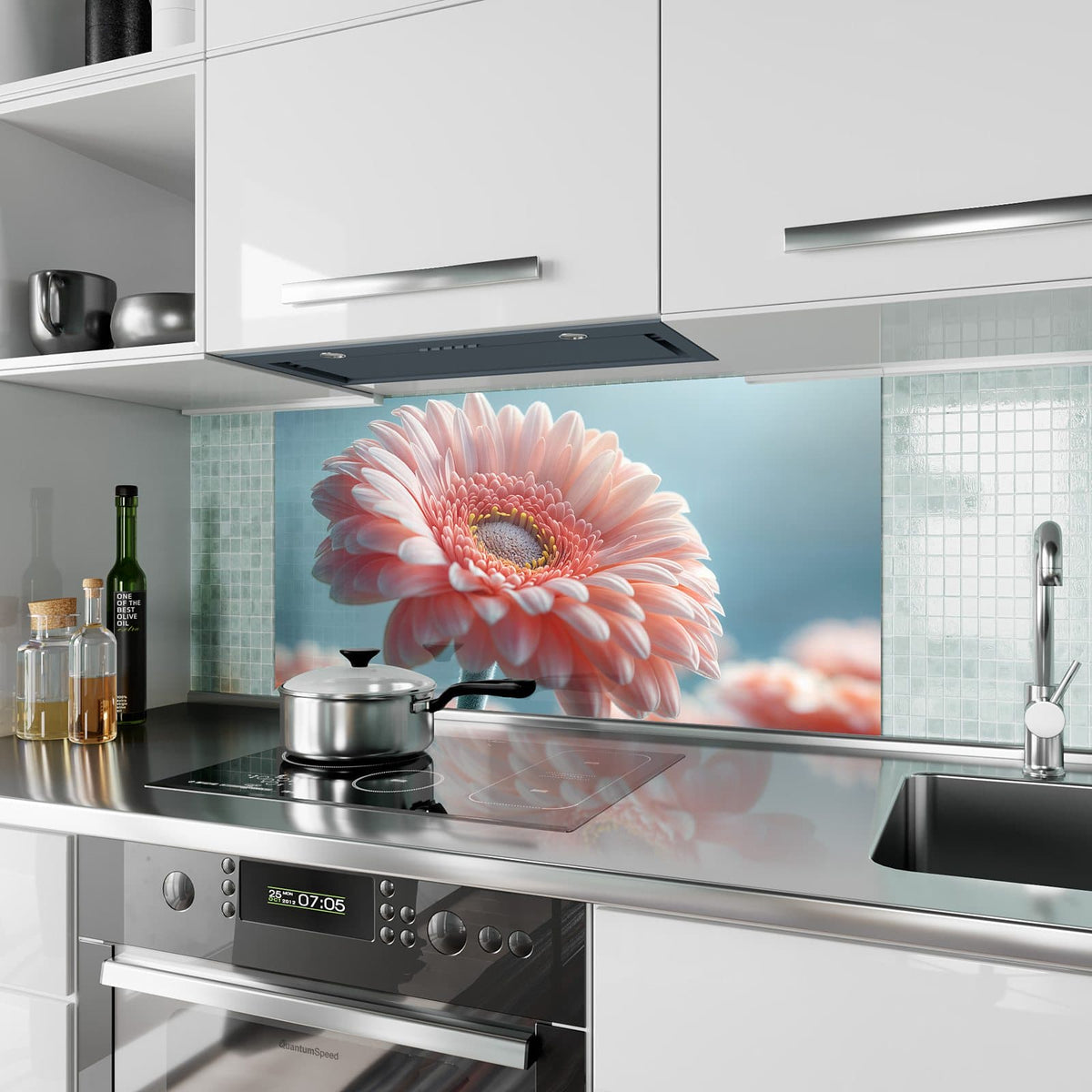 Küchenrückwand aus Glas Rosa Gerbera im Hochformat als Spritzschutz hinter dem Kochfeld, über dem Fliesenspiegel montiert