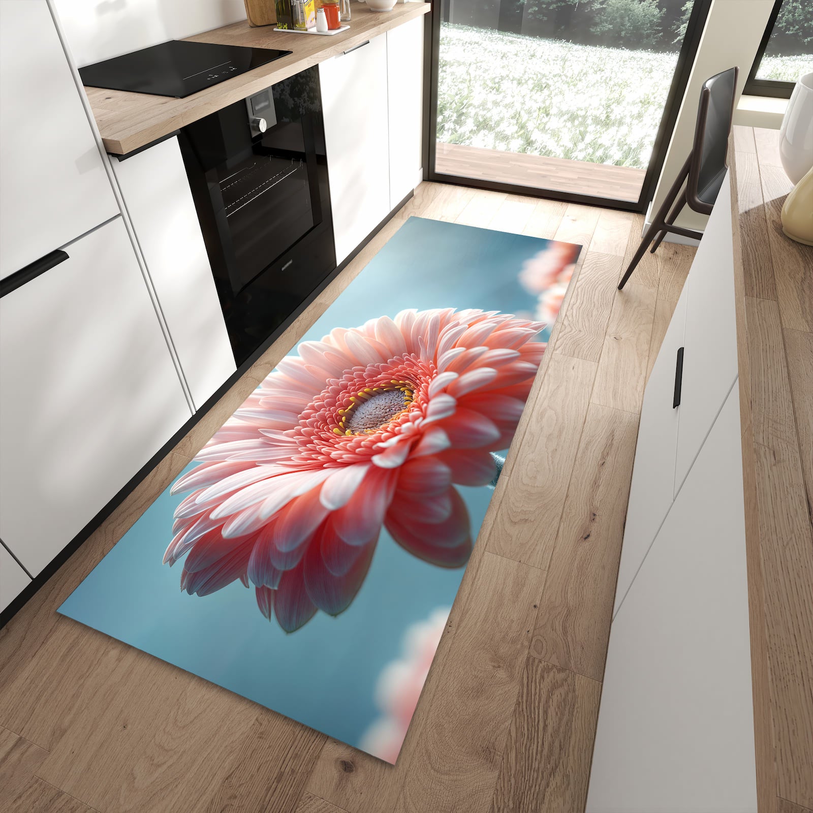 Geruchsneutraler Bodenläufer Teppich mit Motiv Warme Blumenpracht in moderner Küche