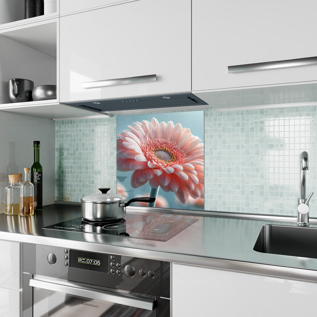 Küchenrückwand Rosa Gerbera aus Glas – Rosa Gerbera vor hellblauem Grund