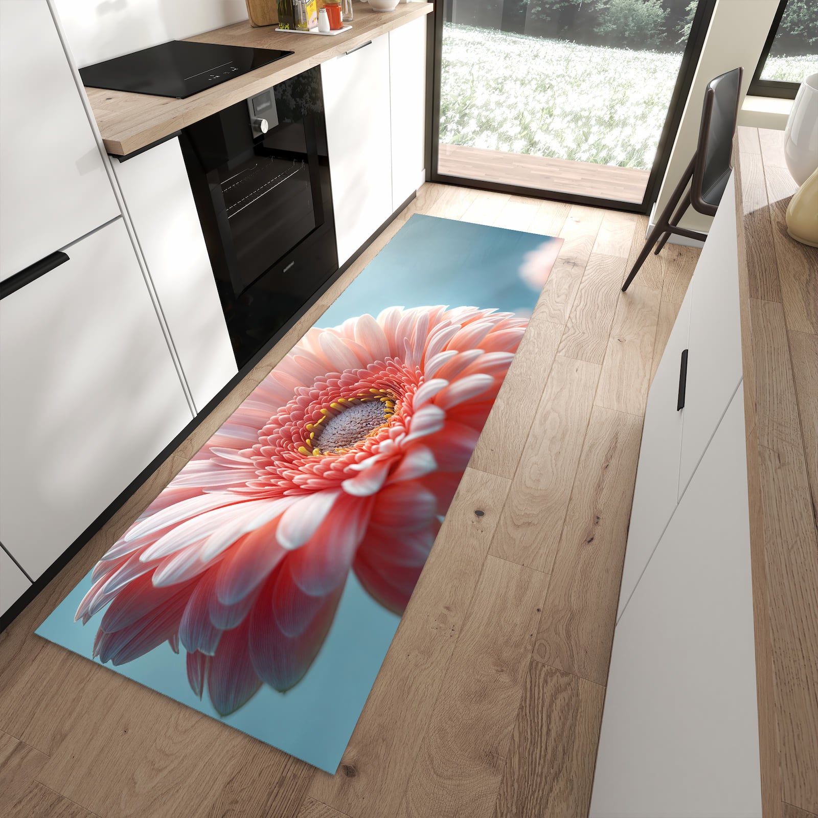 Küchenteppich mit Motiv Warme Blumenpracht für Trittkomfort in moderner Küche, waschbar